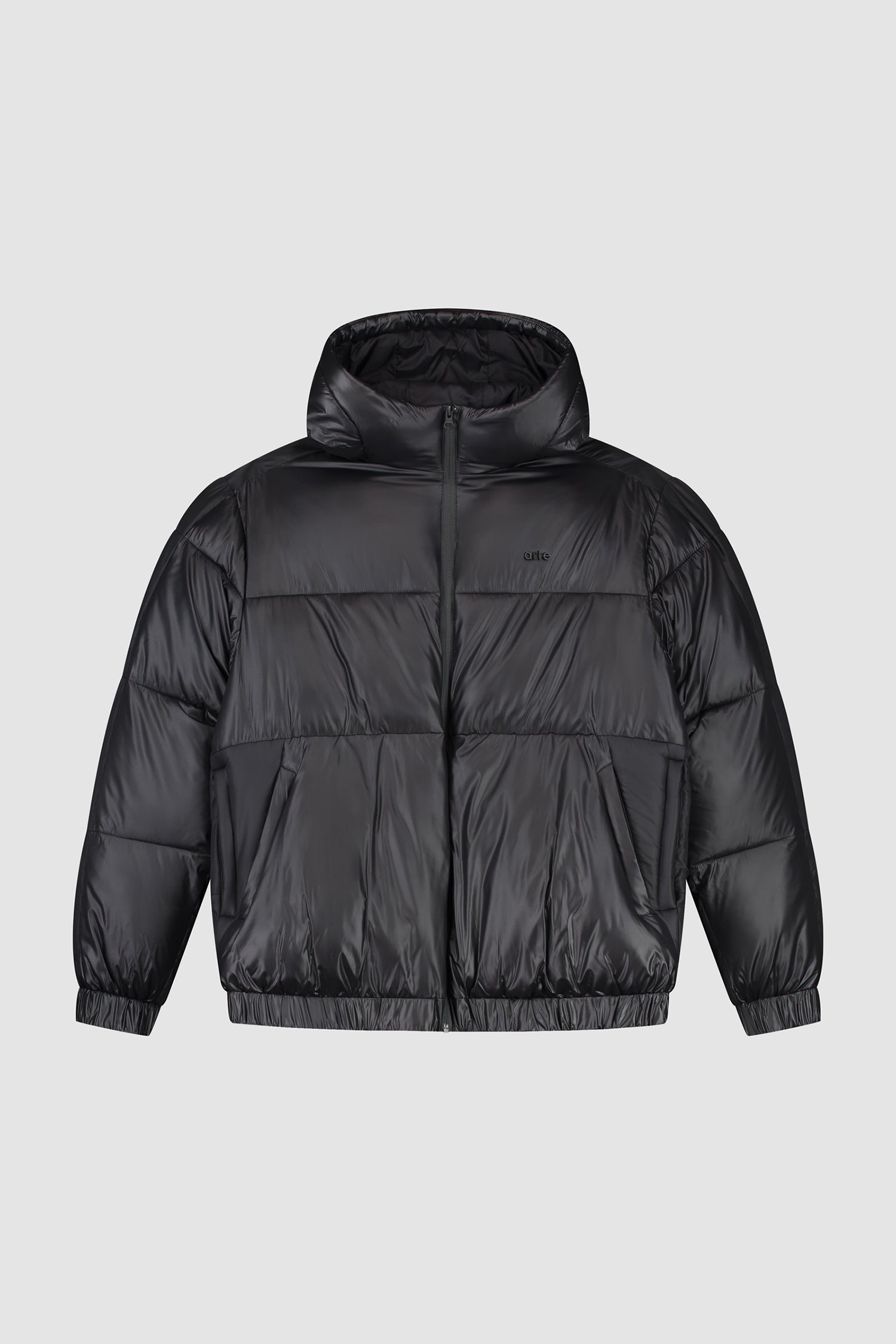 Shiny Puffer Jacket in Black, front view