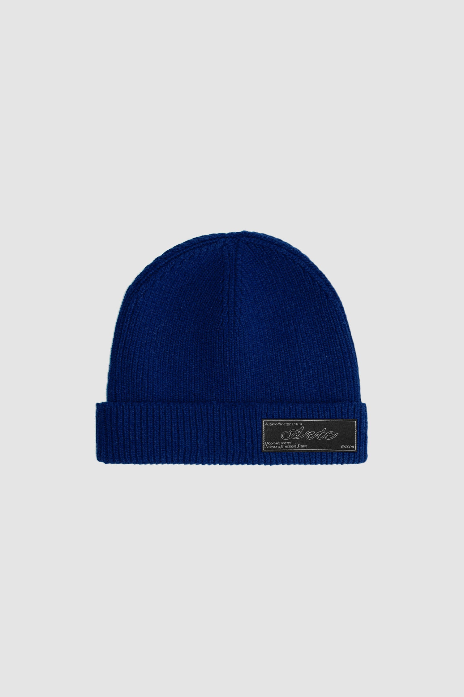 Woven Label Beanie in Navy, front view