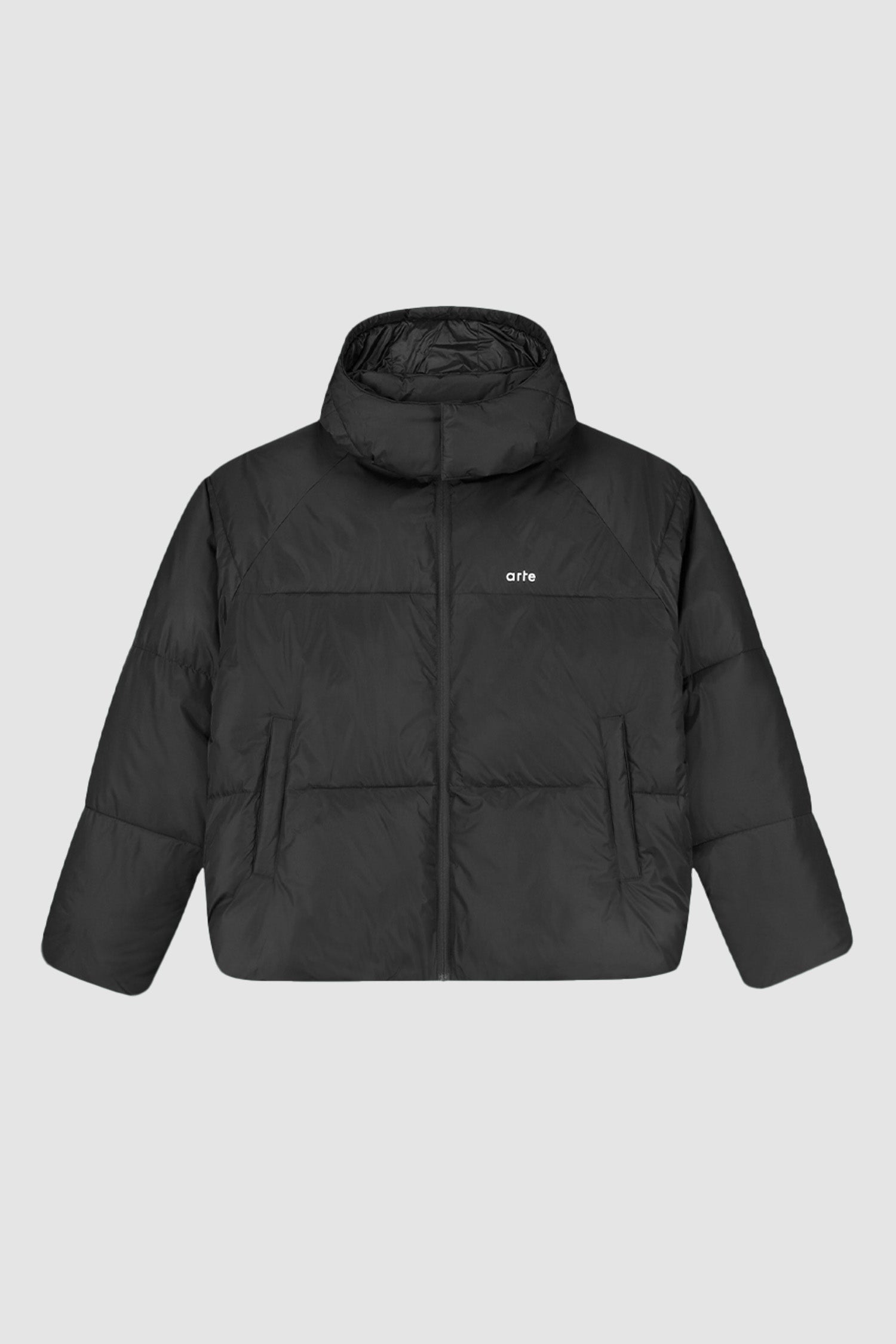 Puffer Jacket in Black, front view