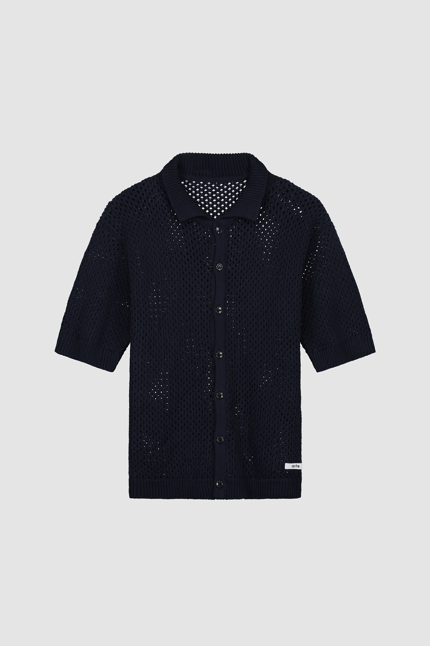 Crochet Knit Button Shirt in Navy, front view