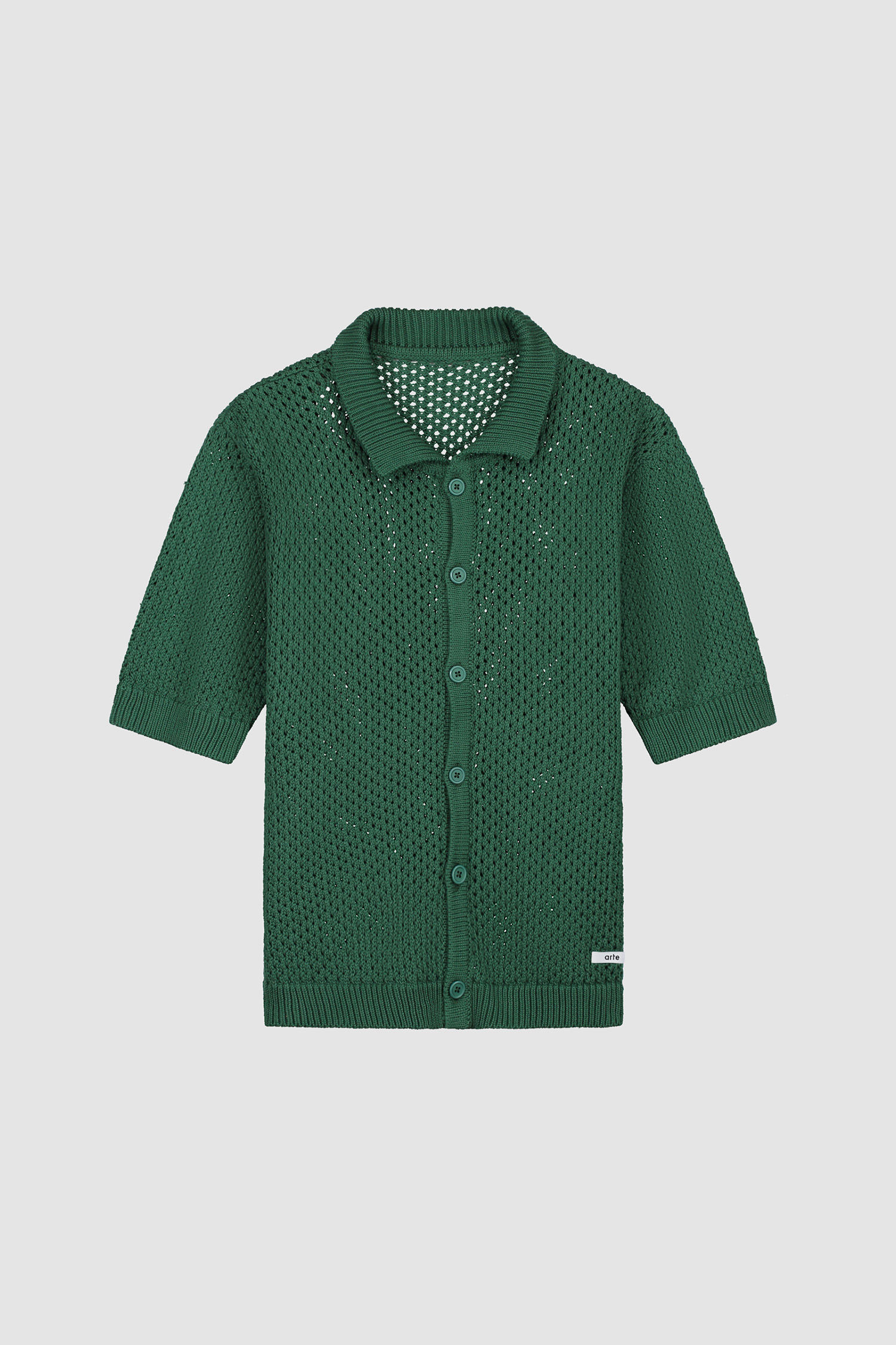 Crochet Knit Button Shirt in Green, front view