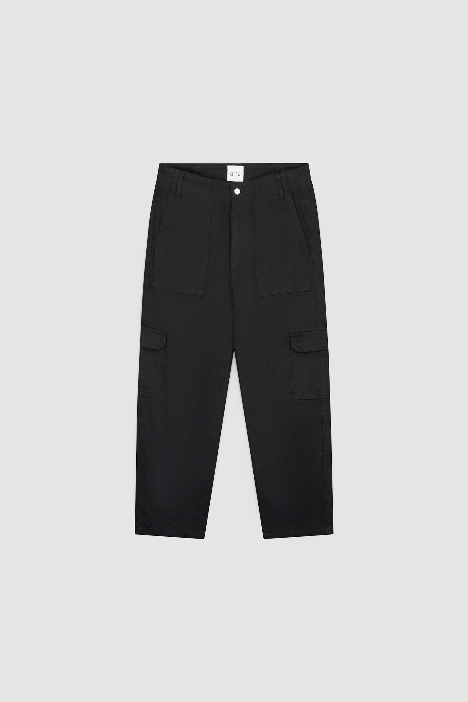 Cargo Pants in Black worn by a model, full-body side view