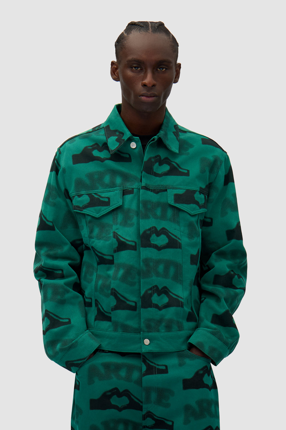 Heart Printed Jacket in Green worn by a model, half-body front view