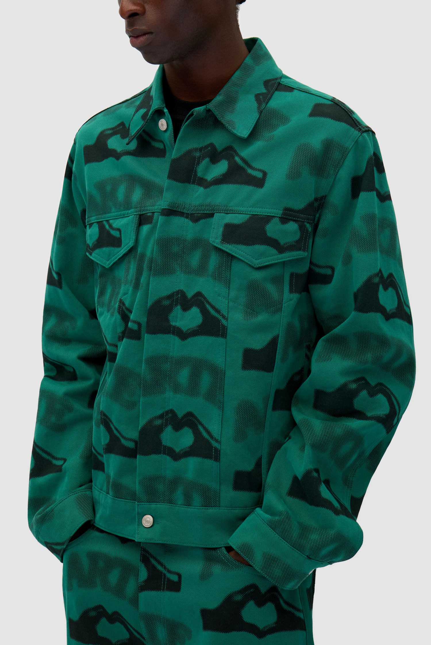 Detail view of Heart Printed Jacket in Green