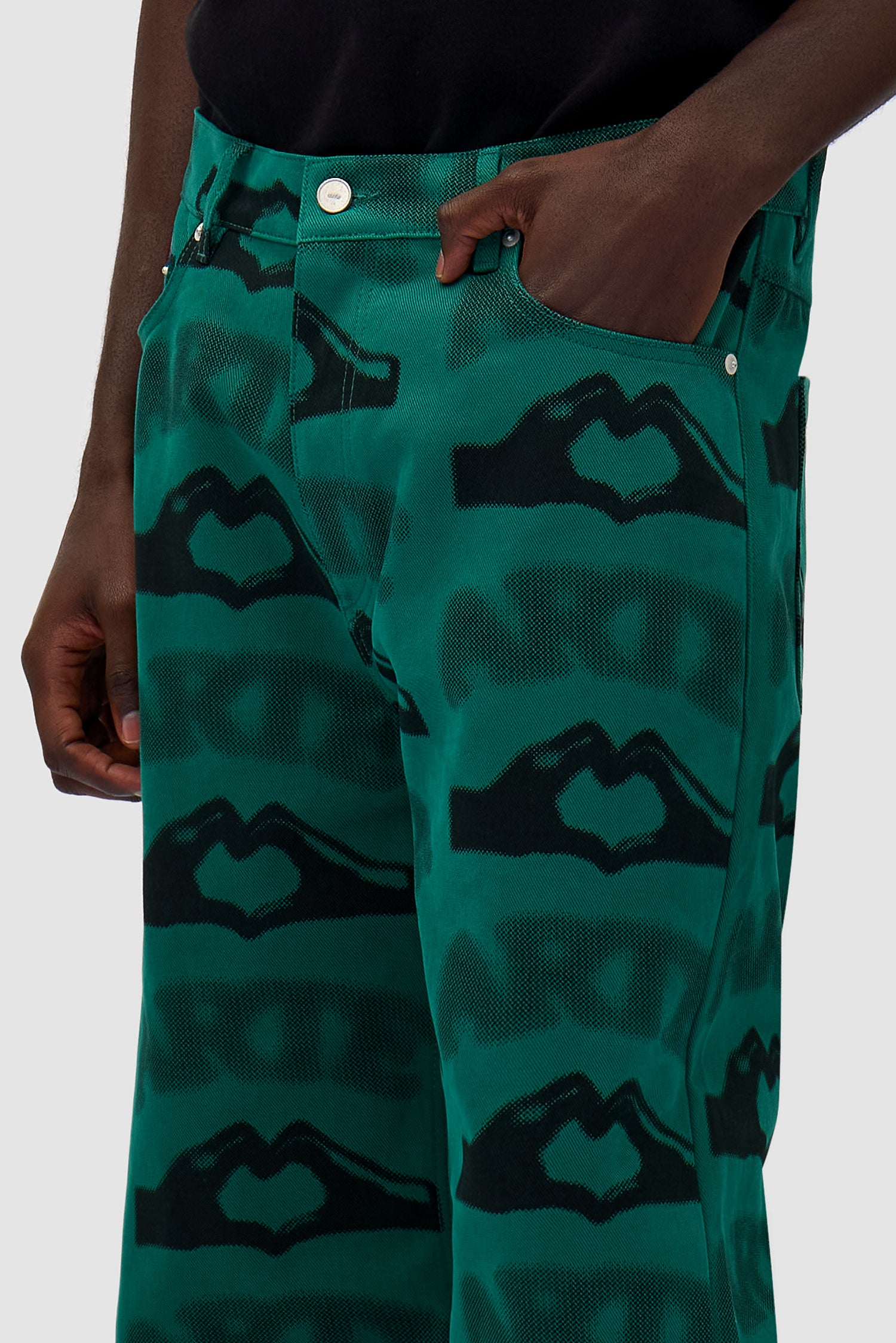 Detail view of Heart Printed Pants in Green