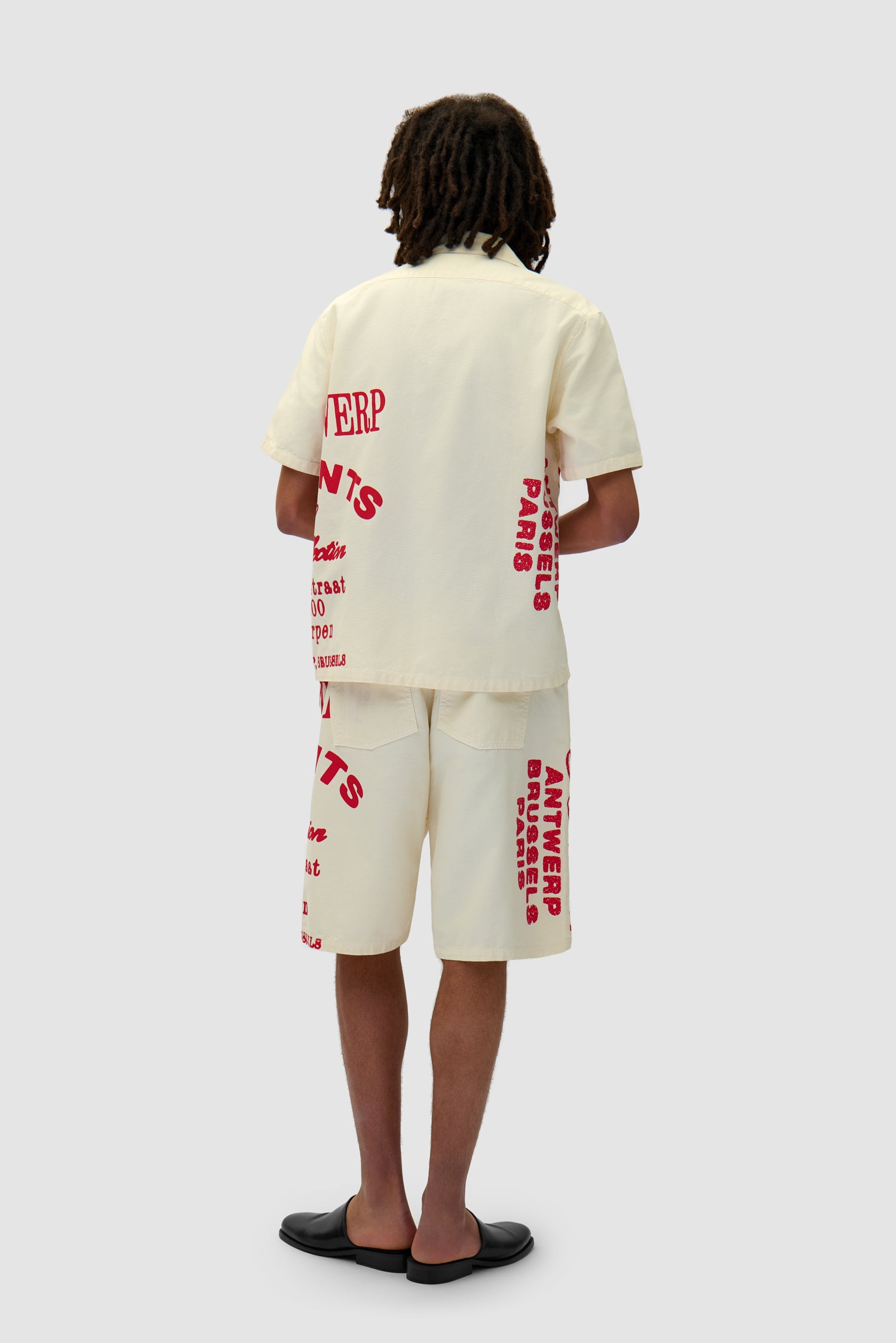 Red Print Shirt in Cream worn by a model, full-body back view