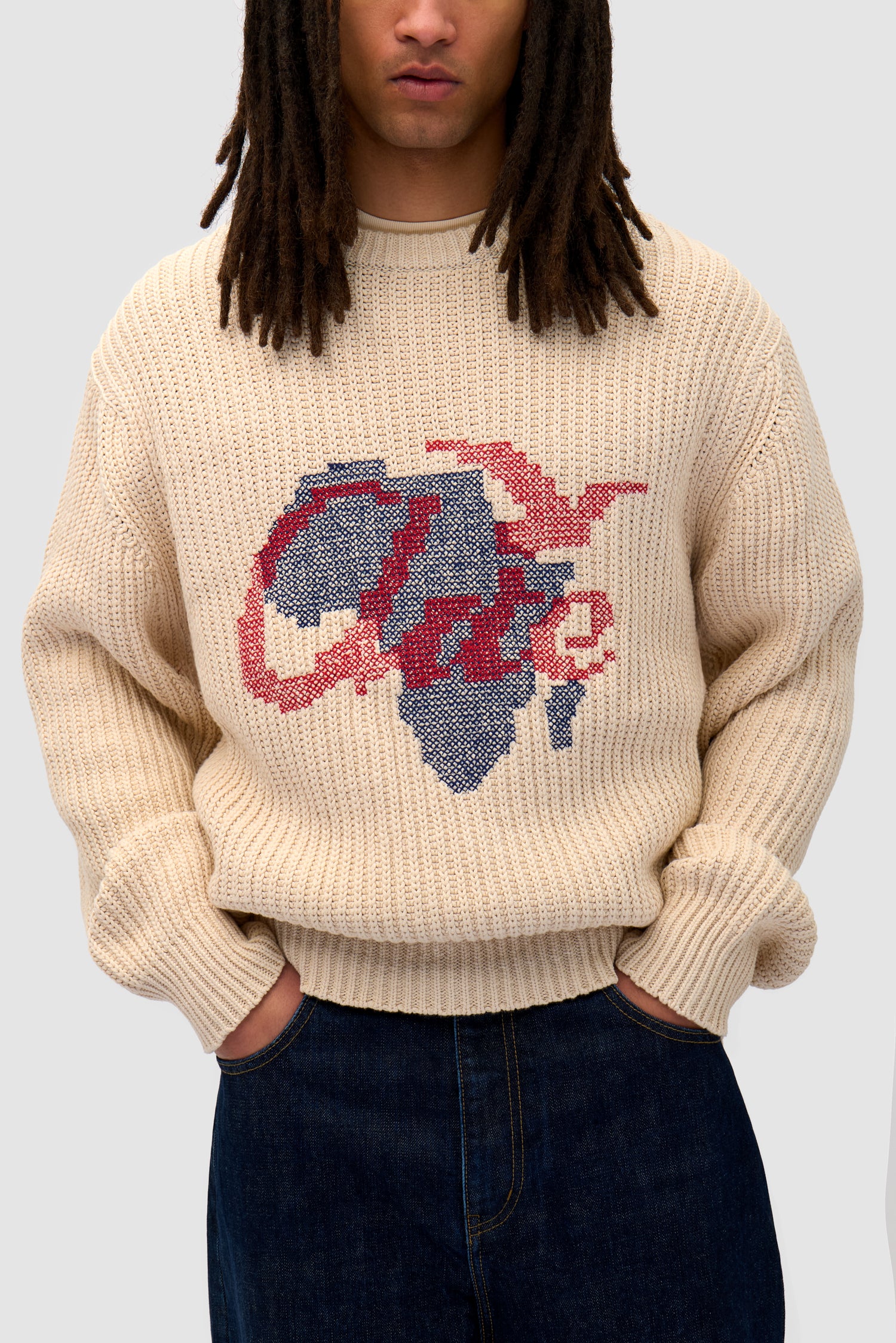 Detail view of Cross Stitch Knit in Cream