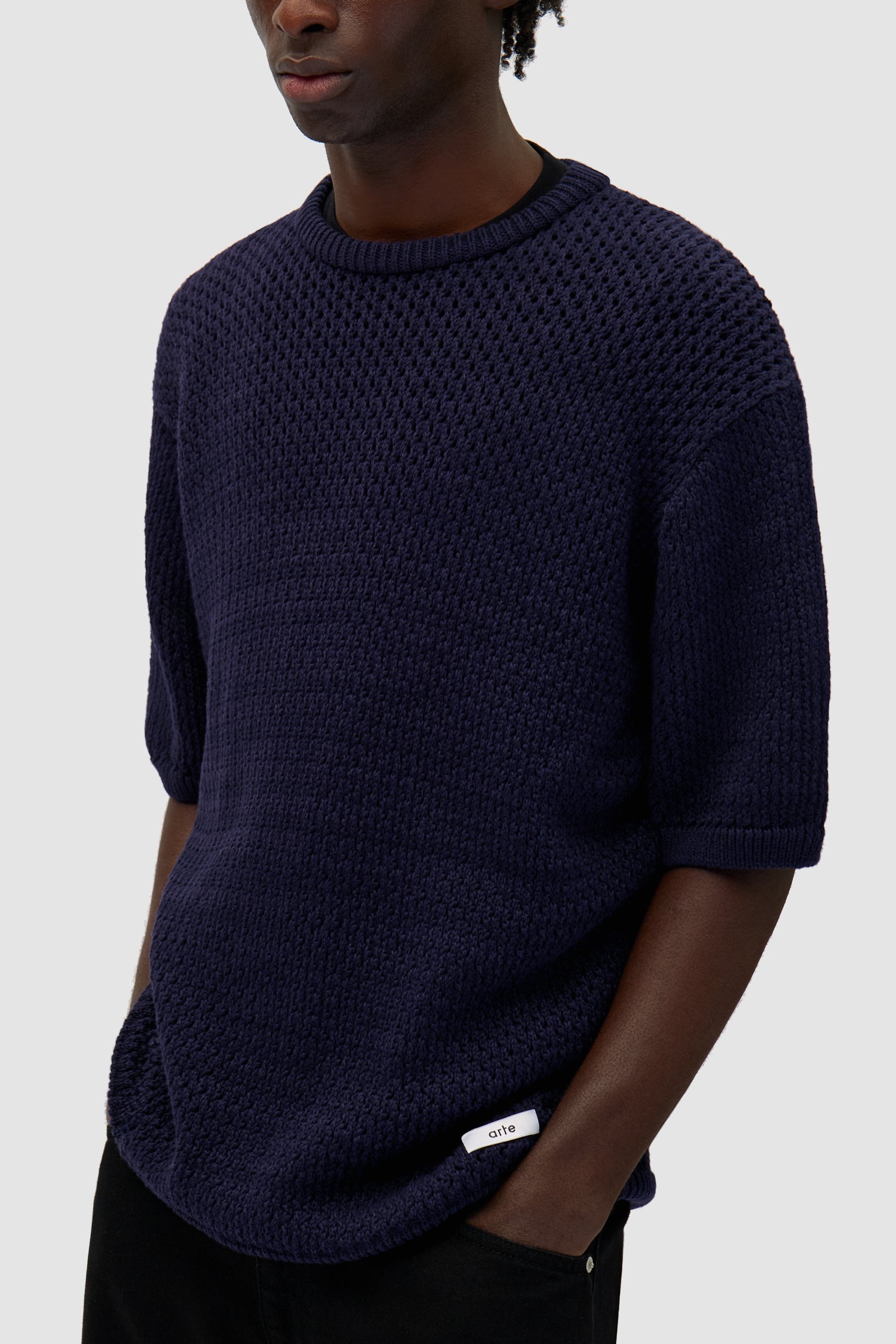 Detail view of Crochet Knit T-shirt in Navy