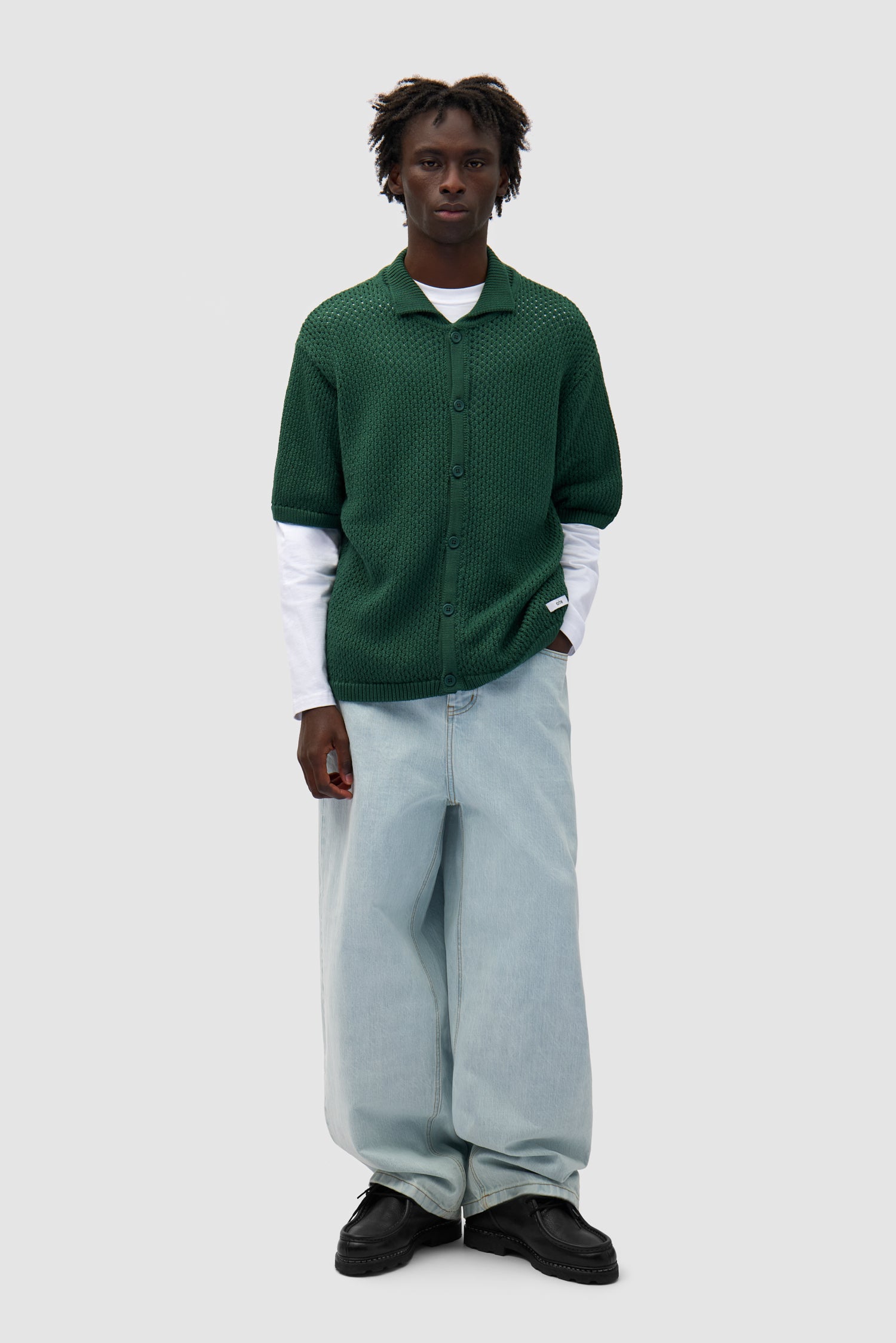 Crochet Knit Button Shirt in Green worn by a model, full-body front view