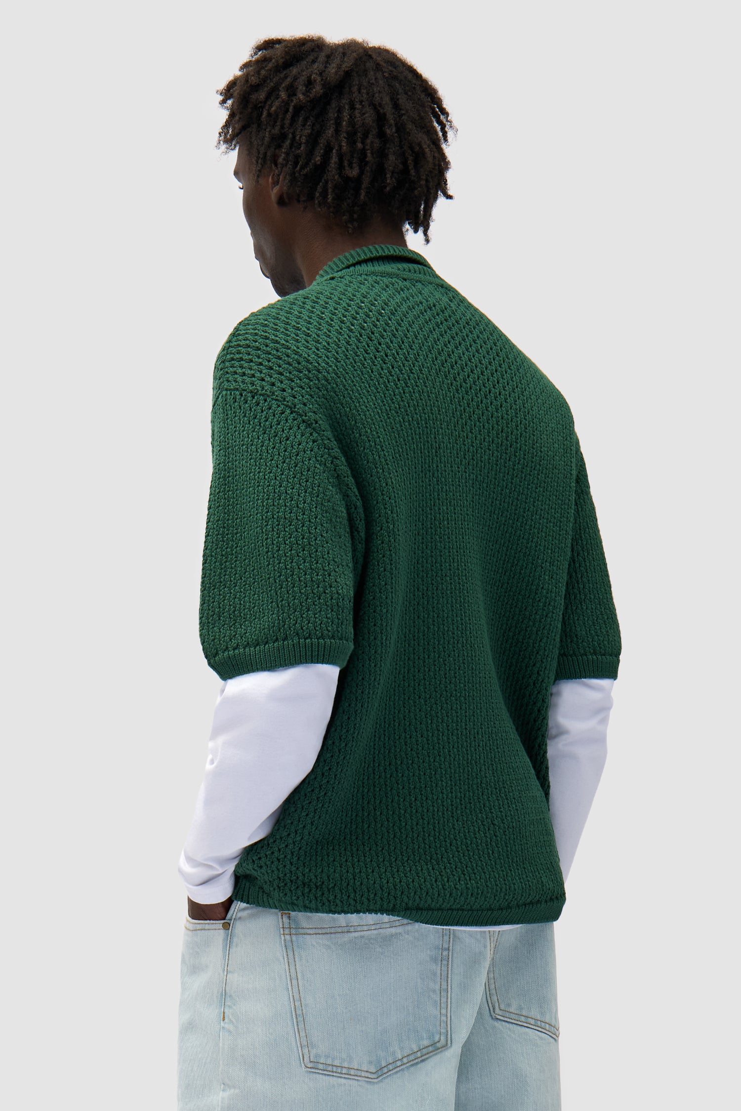 Crochet Knit Button Shirt in Green worn by a model, half-body back view