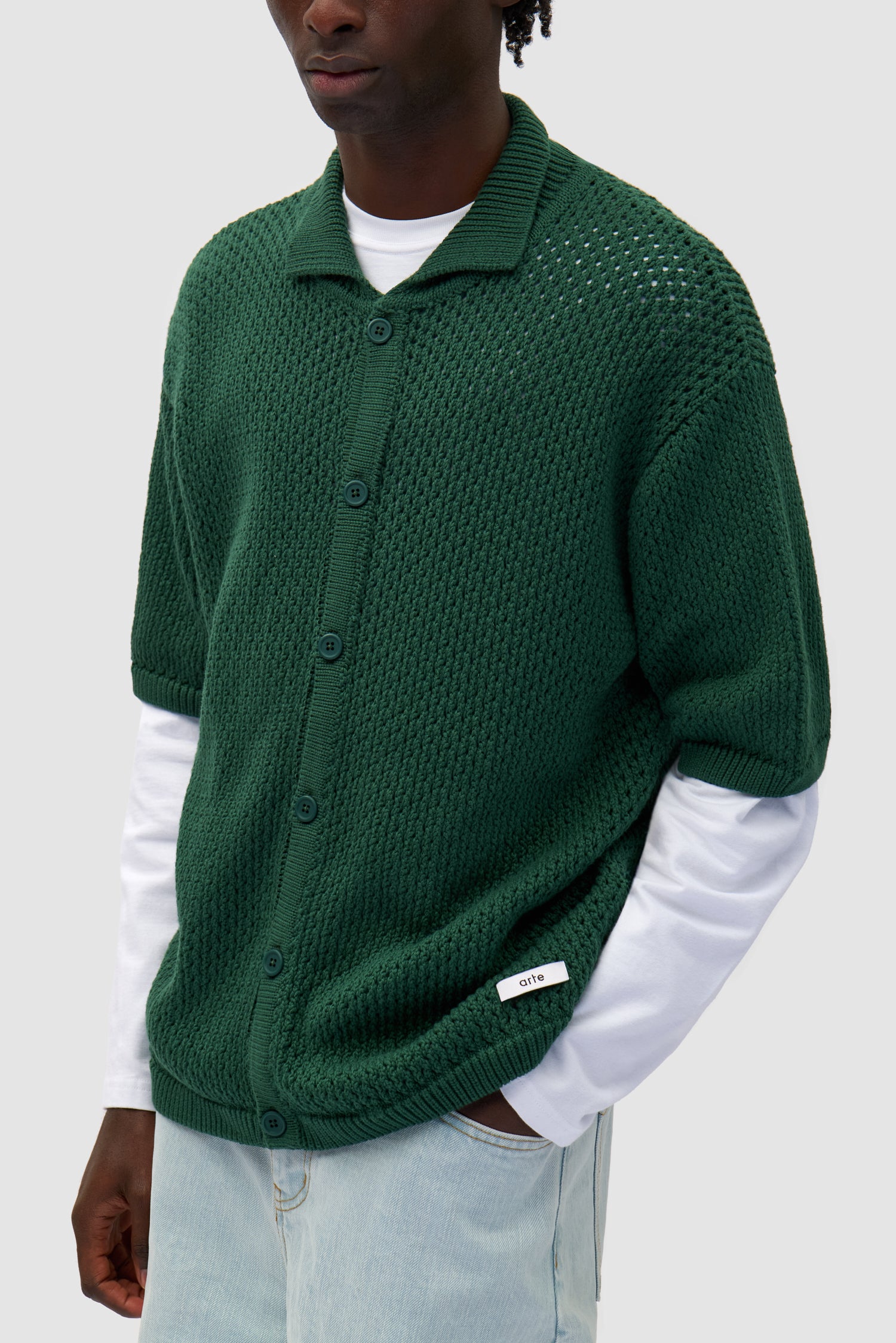 Detail view of Crochet Knit Button Shirt in Green