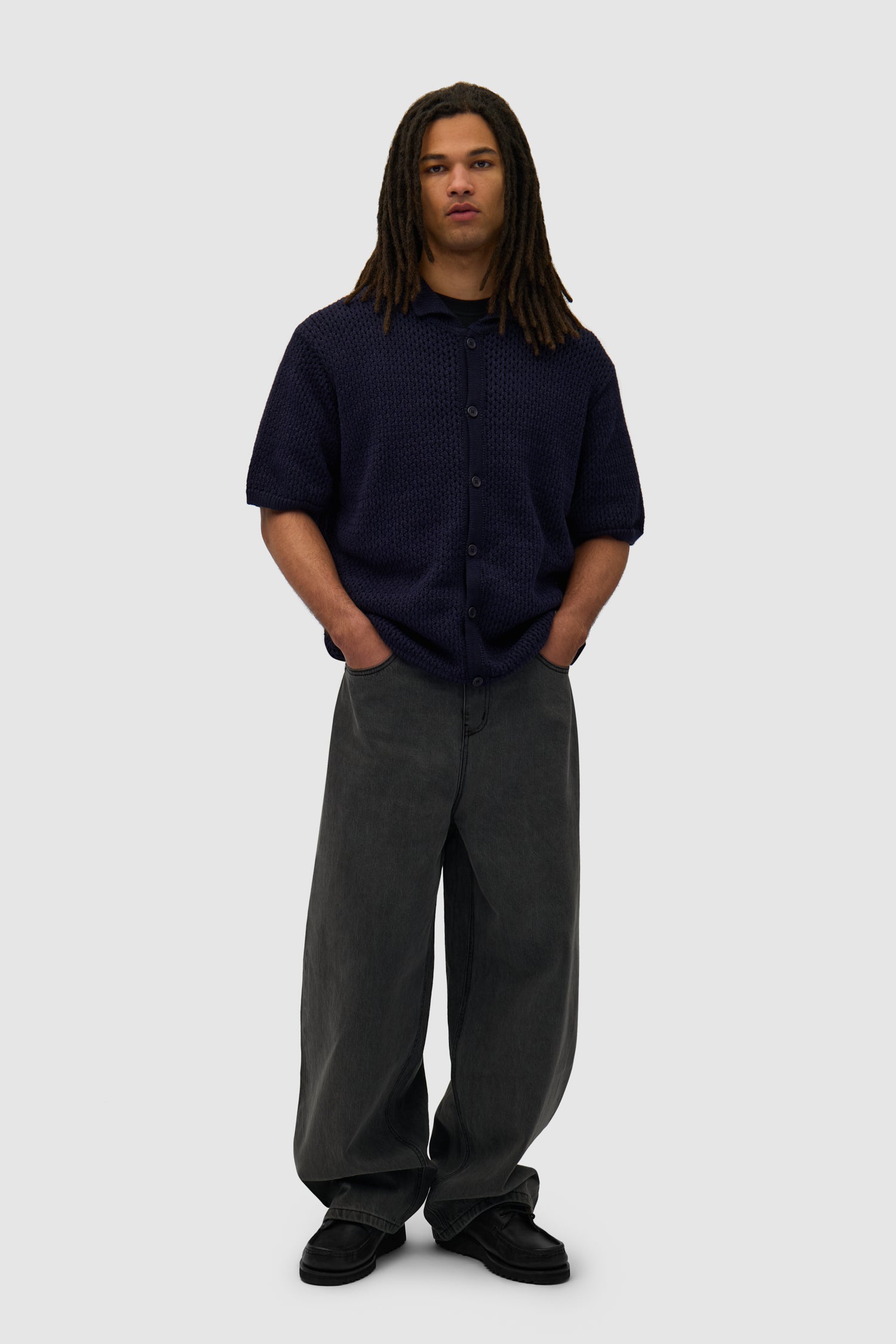 Crochet Knit Button Shirt in Navy worn by a model, full-body front view