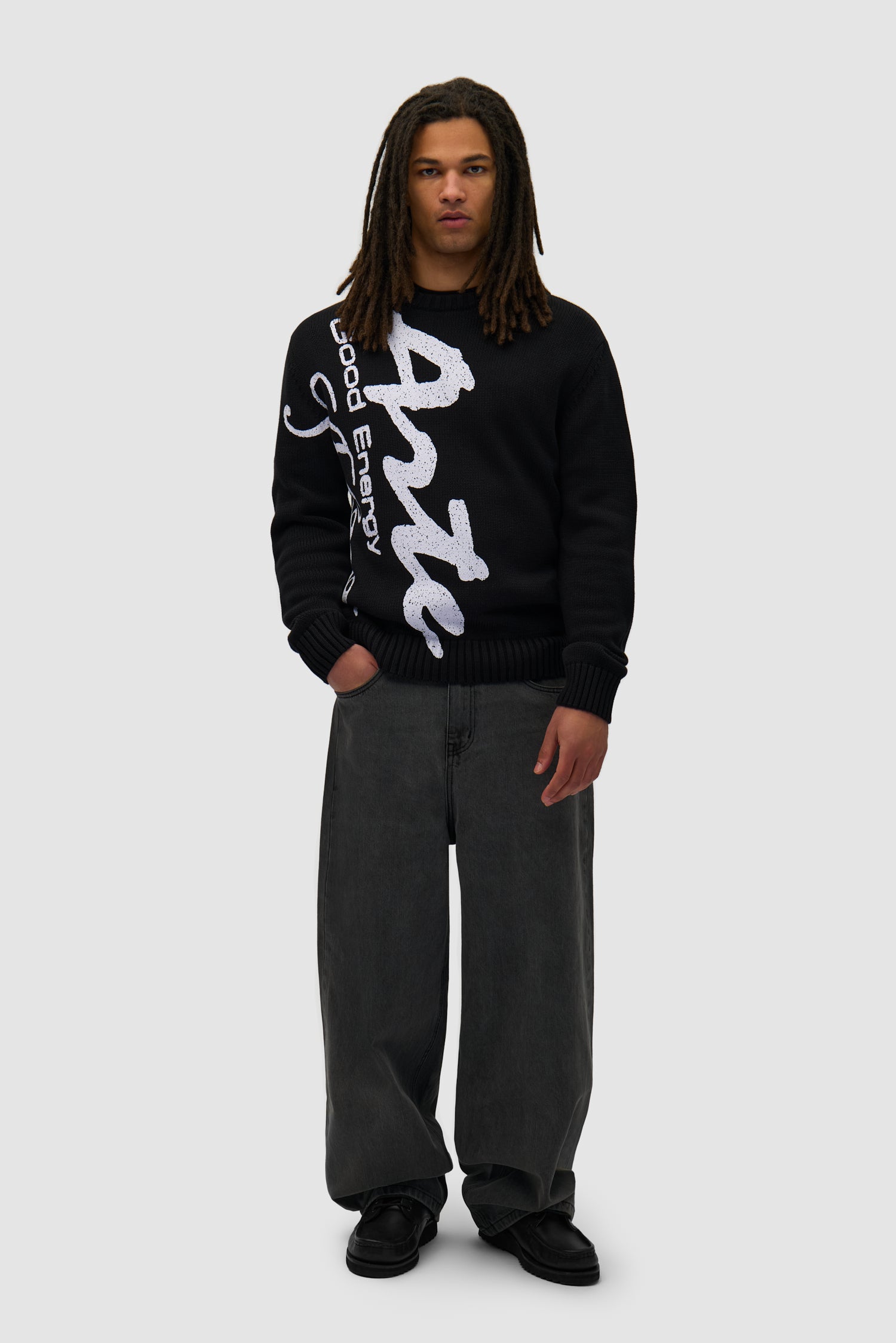 Big Print Knit Sweater in Black worn by a model, full-body front view