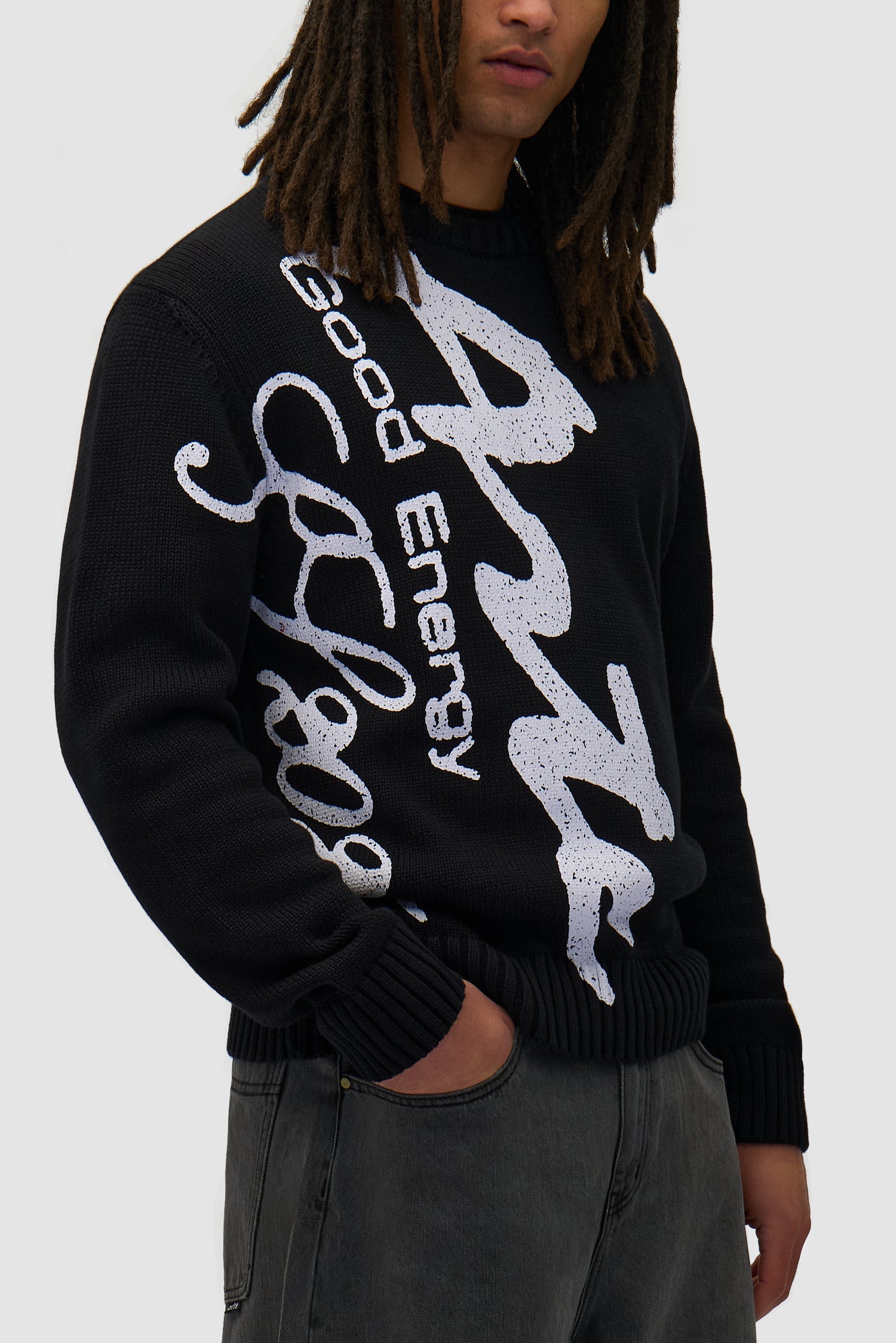 Detail view of Big Print Knit Sweater in Black