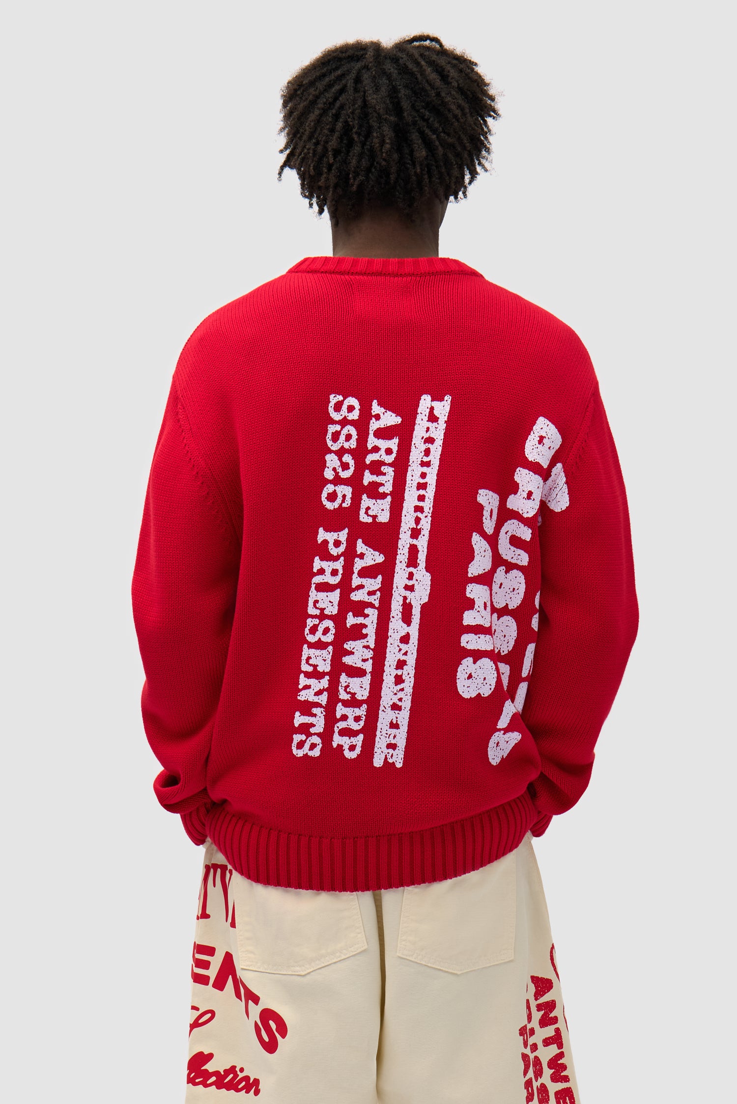 Big Print Knit Sweater in Red worn by a model, half-body back view