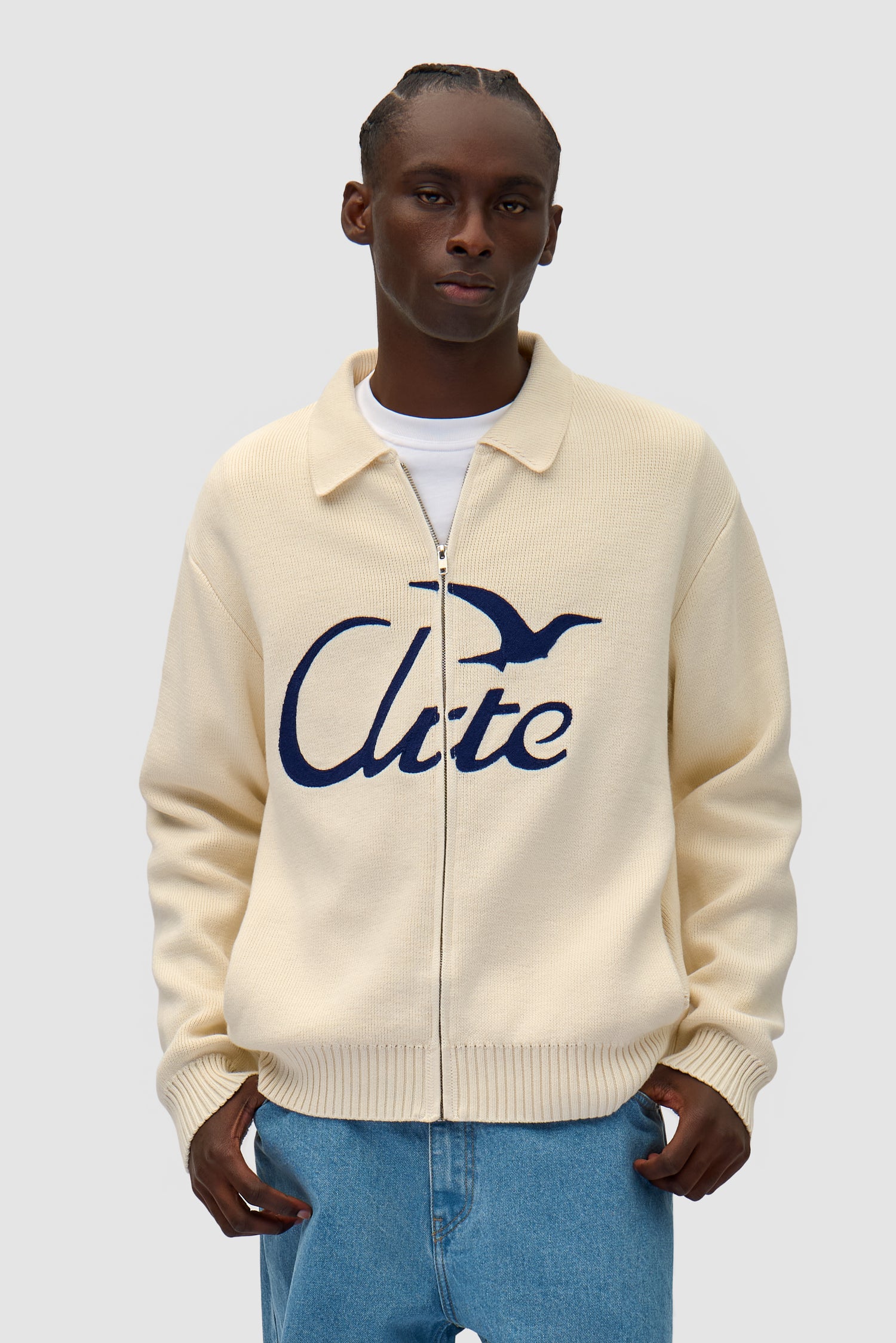 Bird Logo Knit in Cream worn by a model, half-body front view