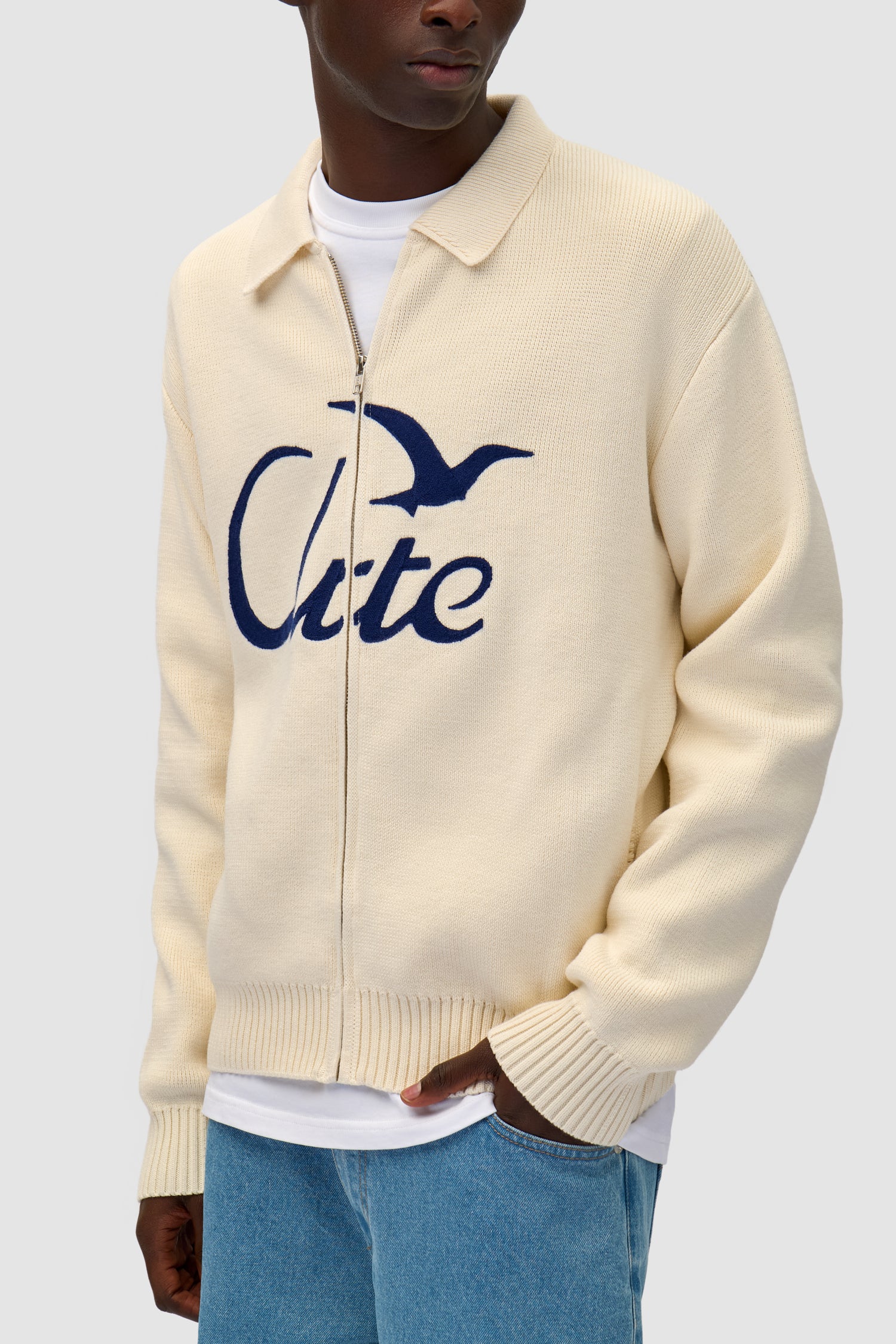 Detail view of Bird Logo Knit in Cream