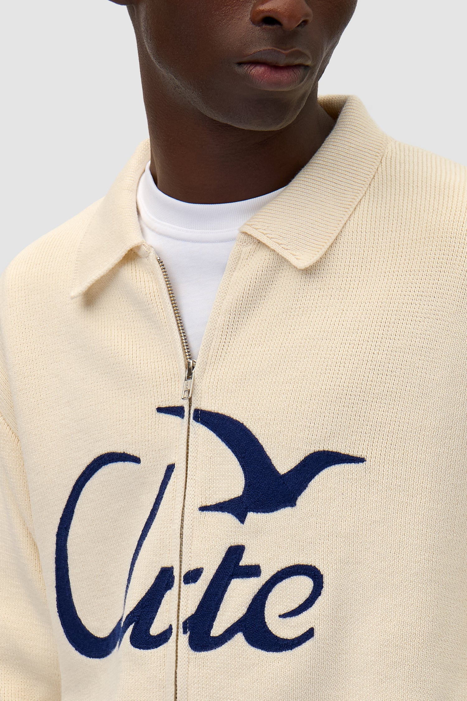 Bird Logo Knit in Cream worn by a model, half-body detailed view