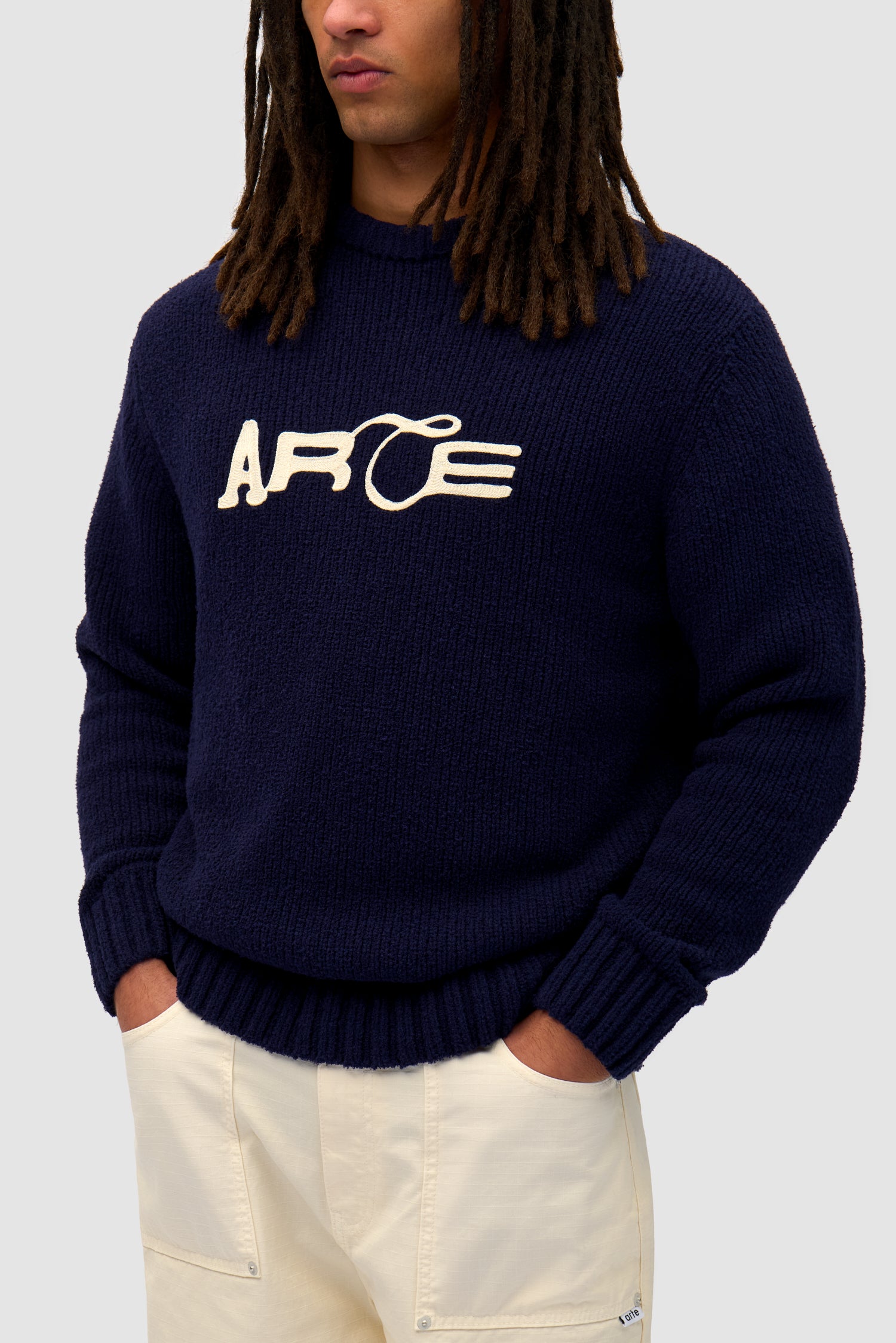 Detail view of Logo Knit Sweater in Navy
