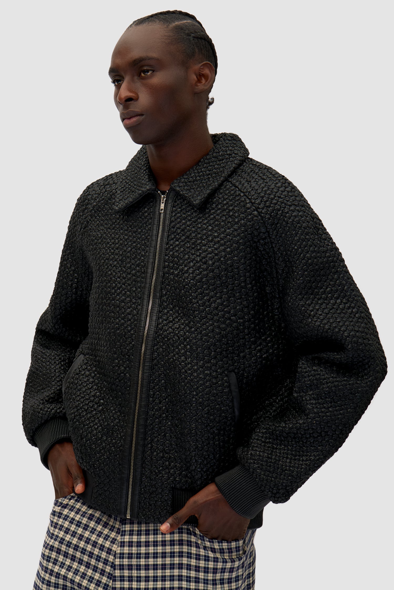 Detail view of Leather Braided Jacket in Black