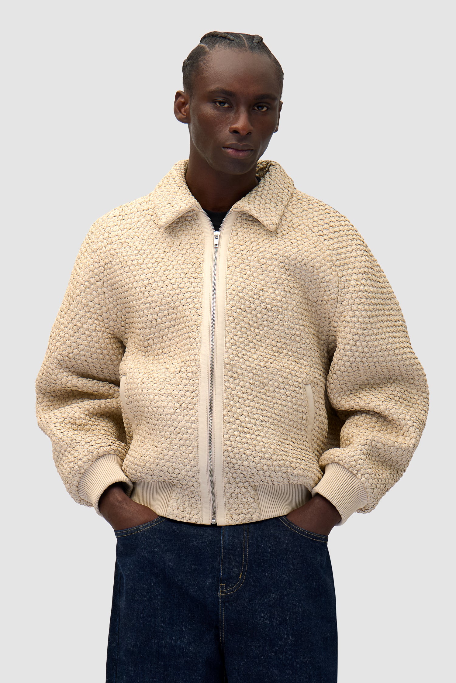 Leather Braided Jacket in Cream worn by a model, half-body front view