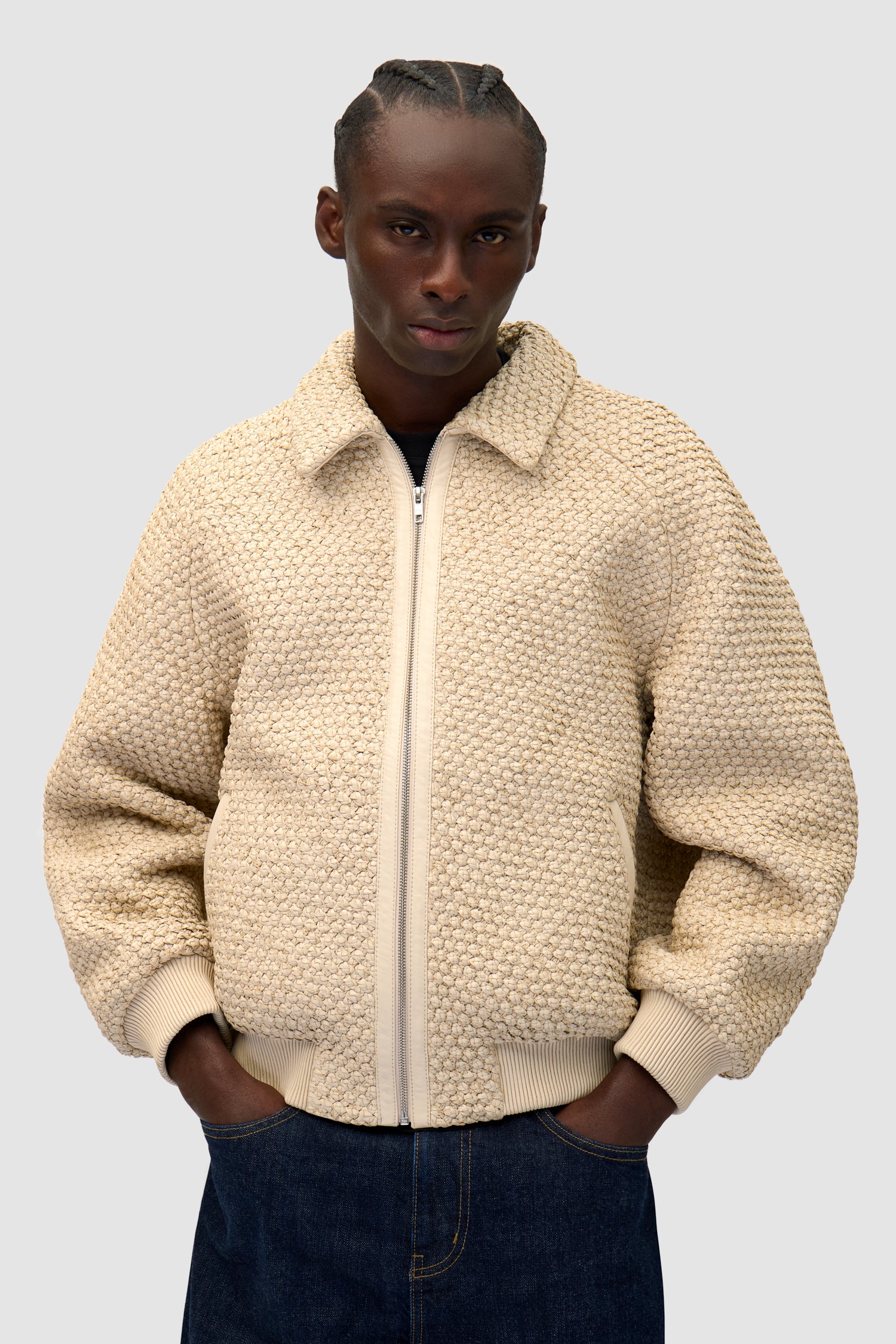 Detail view of Leather Braided Jacket in Cream