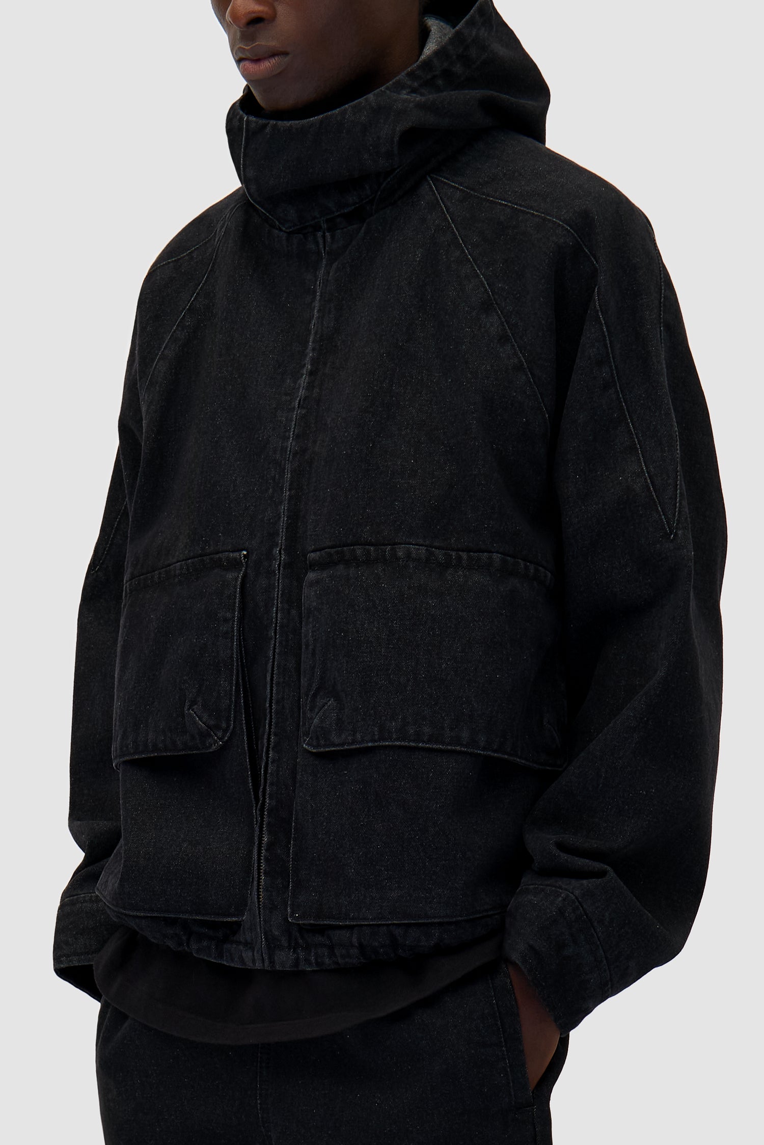 Detail view of Denim Tech jacket in Black