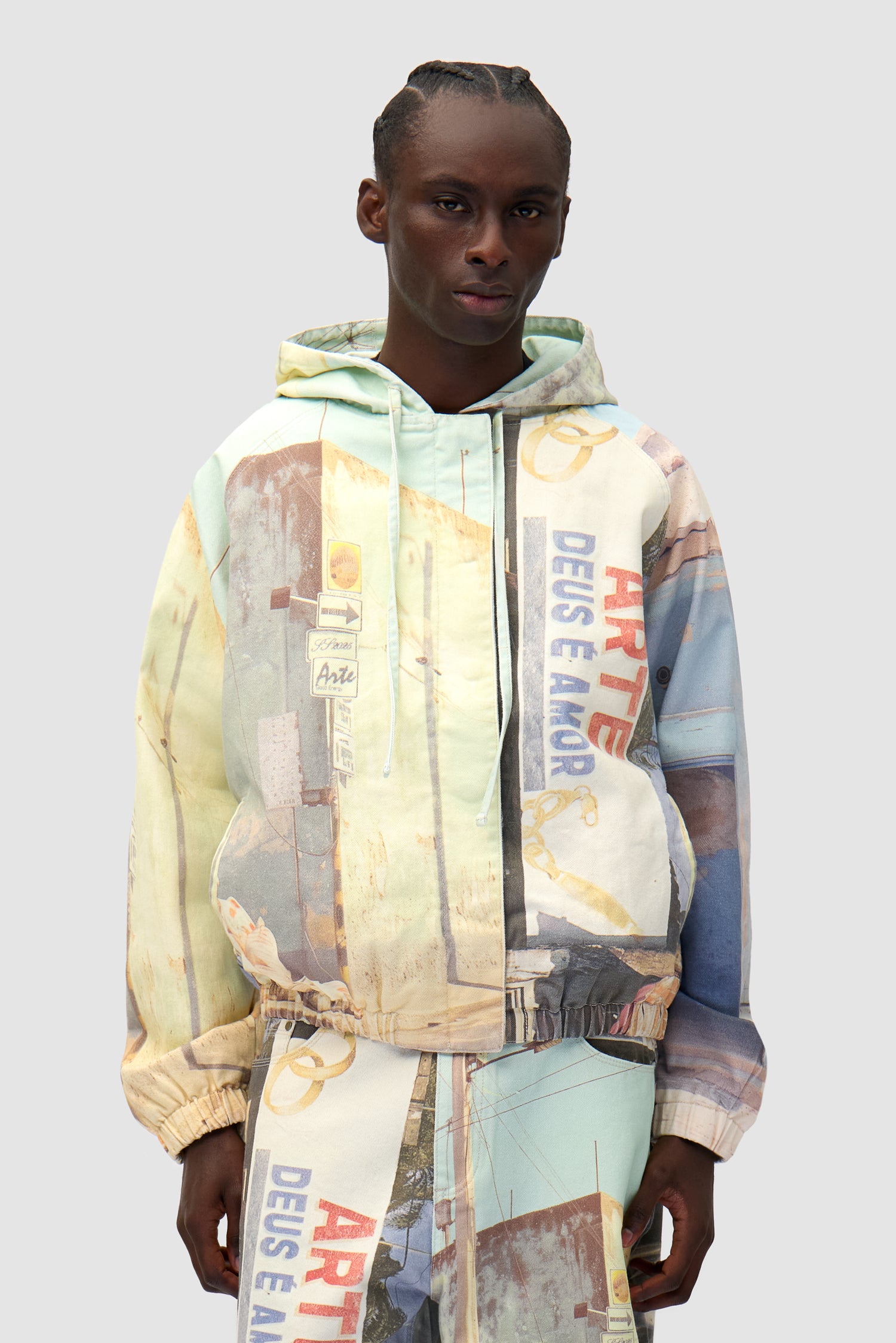 Photo Allover Jacket in Photos Print worn by a model, half-body front view