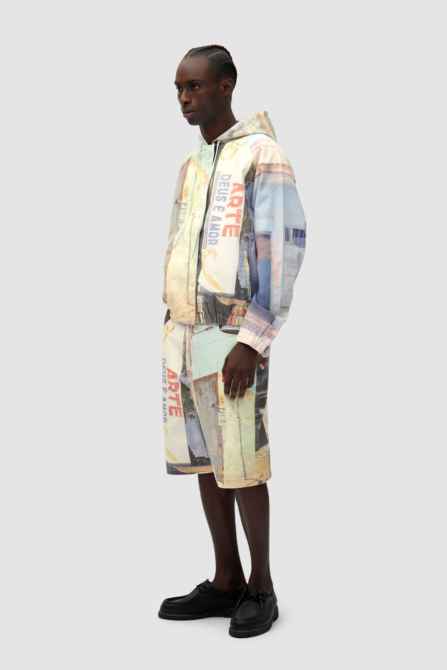 Photo Allover Jacket in Photos Print worn by a model, full-body side view