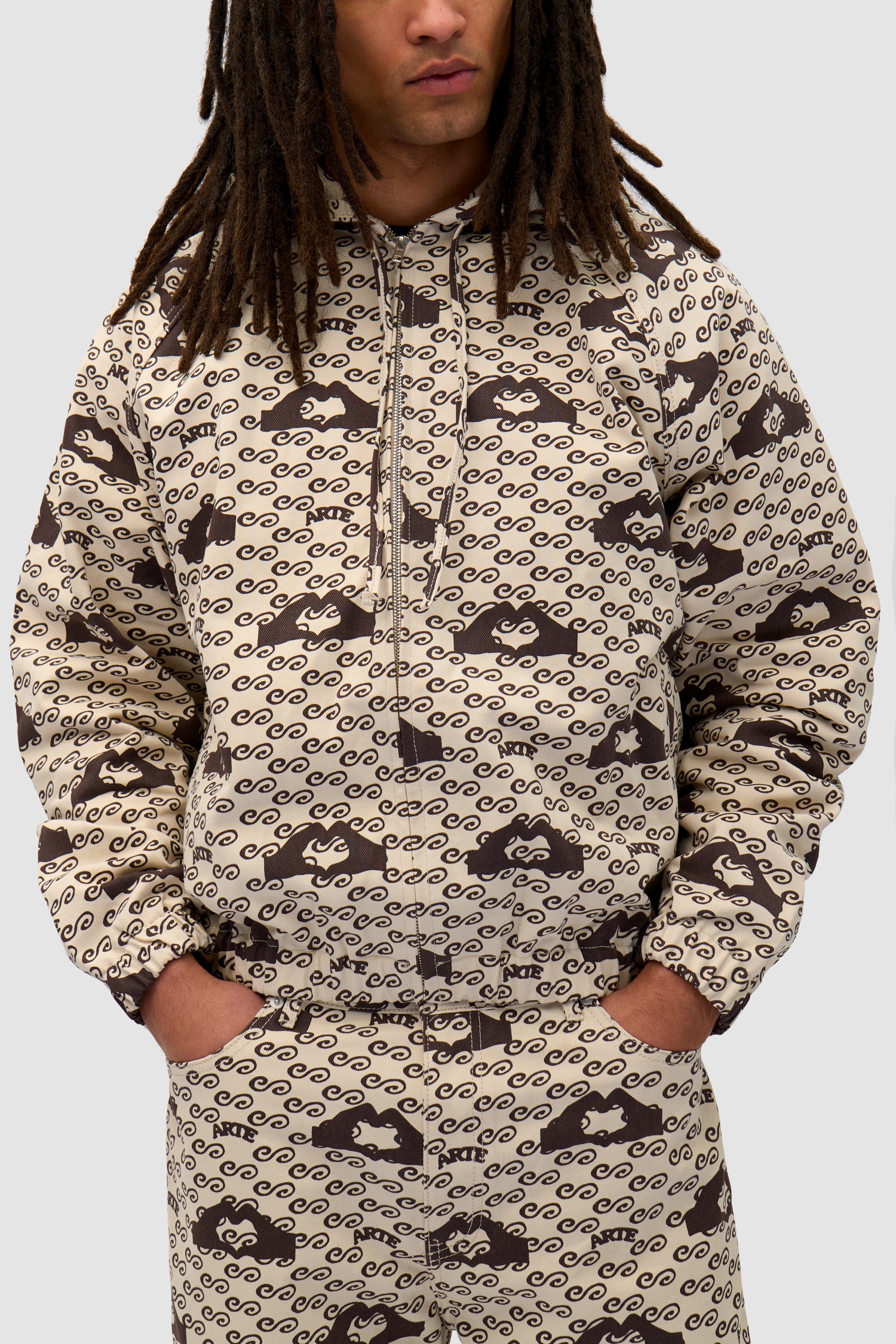 Detail view of Hand Heart Print Jacket in Cream/Brown