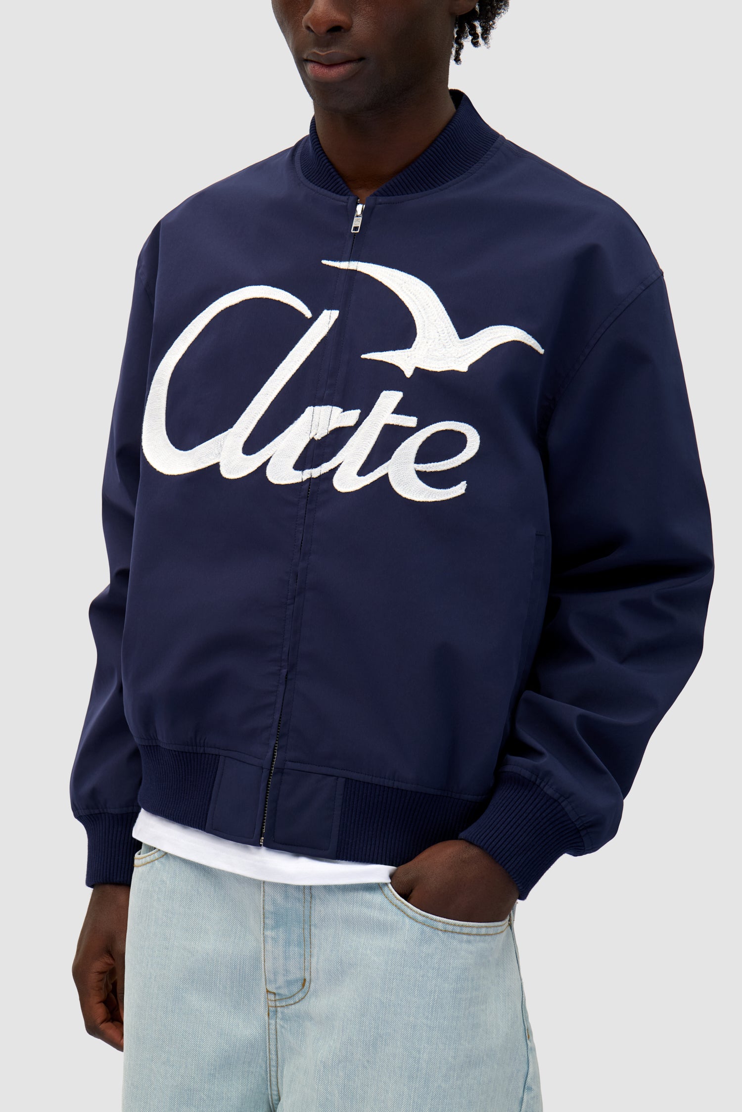 Detail view of Logo Bird Bomber Jacket in Navy