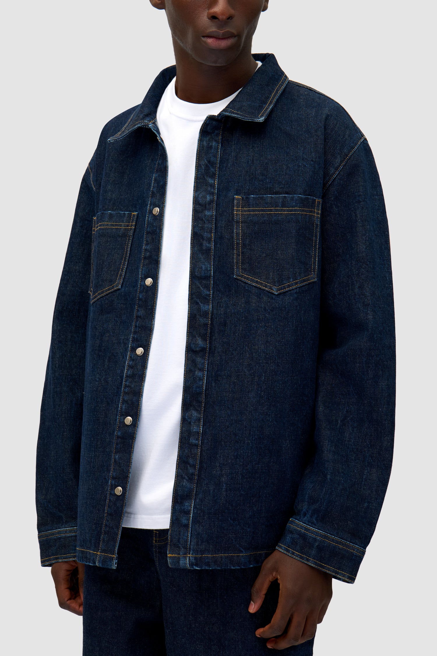 Detail view of Oversized Denim Shirt in Dark Wash
