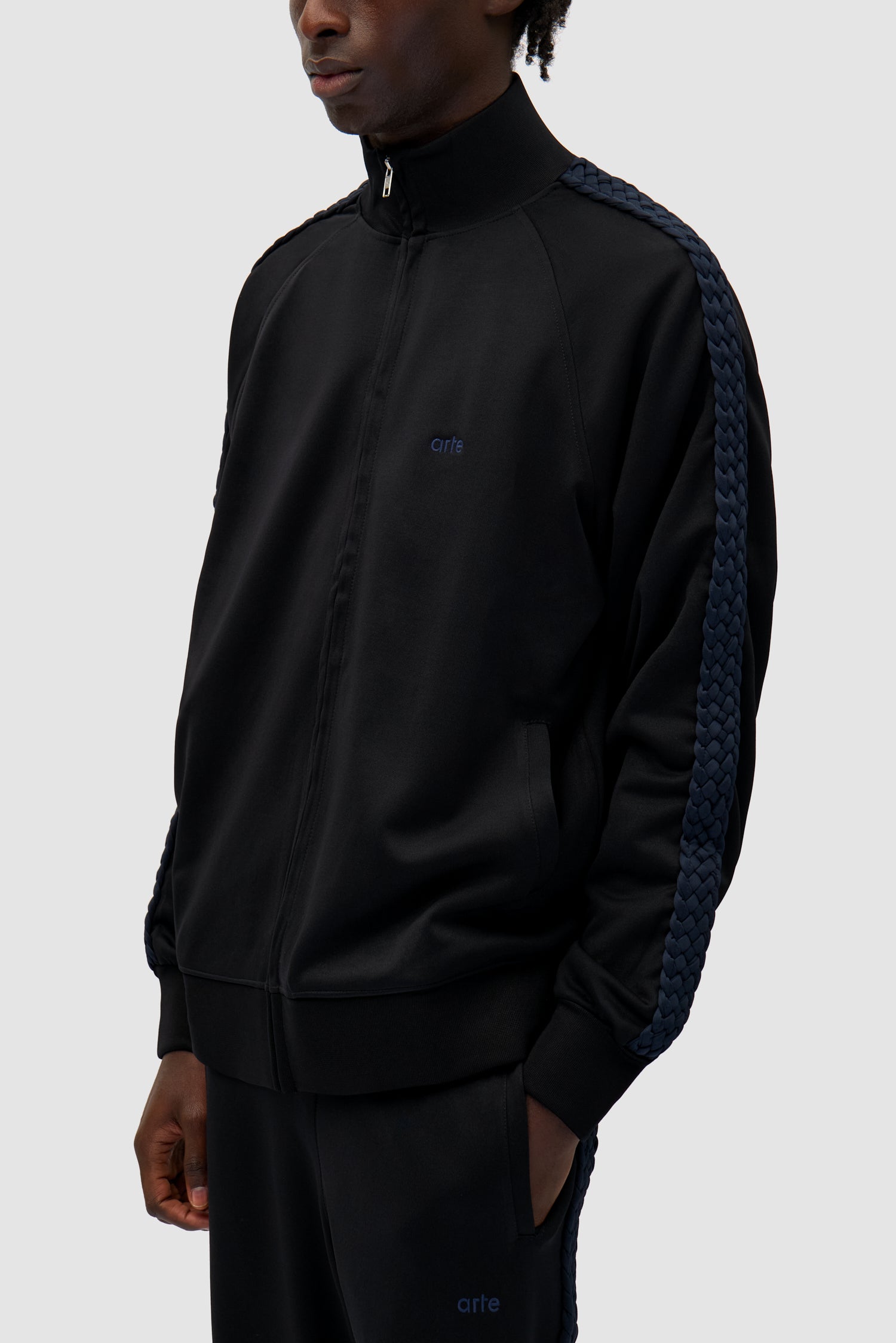 Detail view of Braid Strip Jacket in Black