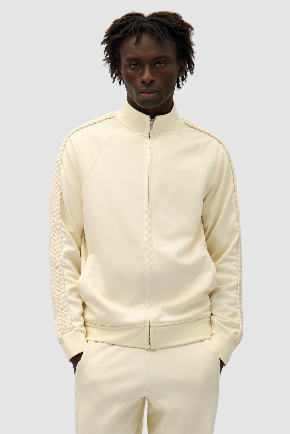 Braid Strip Jacket in Cream worn by a model, half-body front view