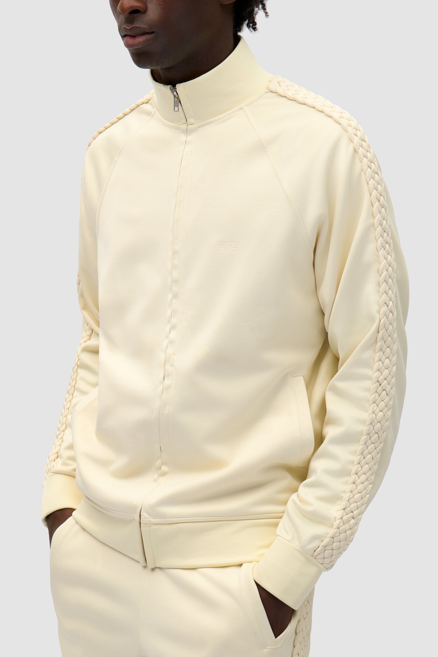 Detail view of Braid Strip Jacket in Cream