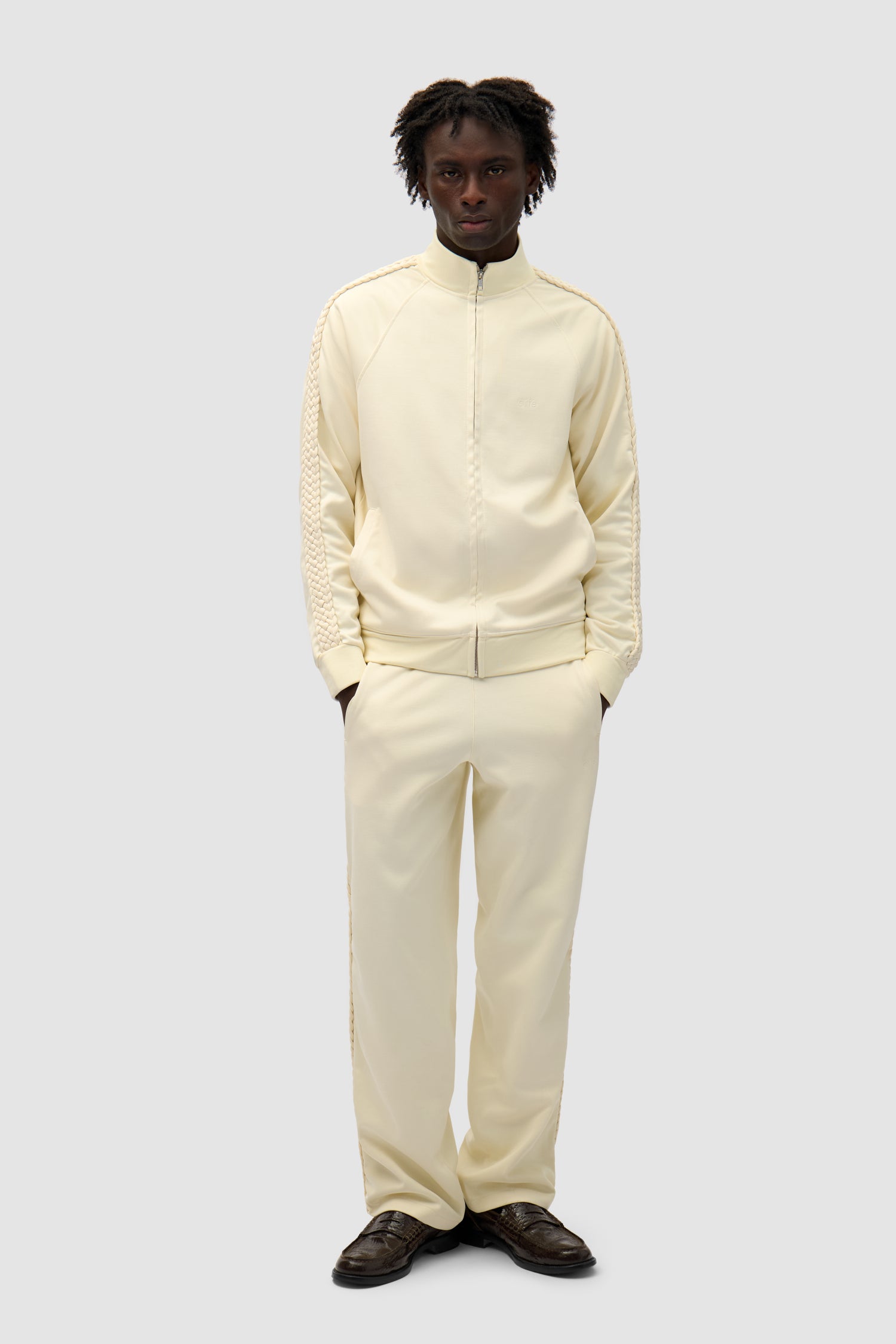 Braid Strip Pants in Cream worn by a model, full-body front view