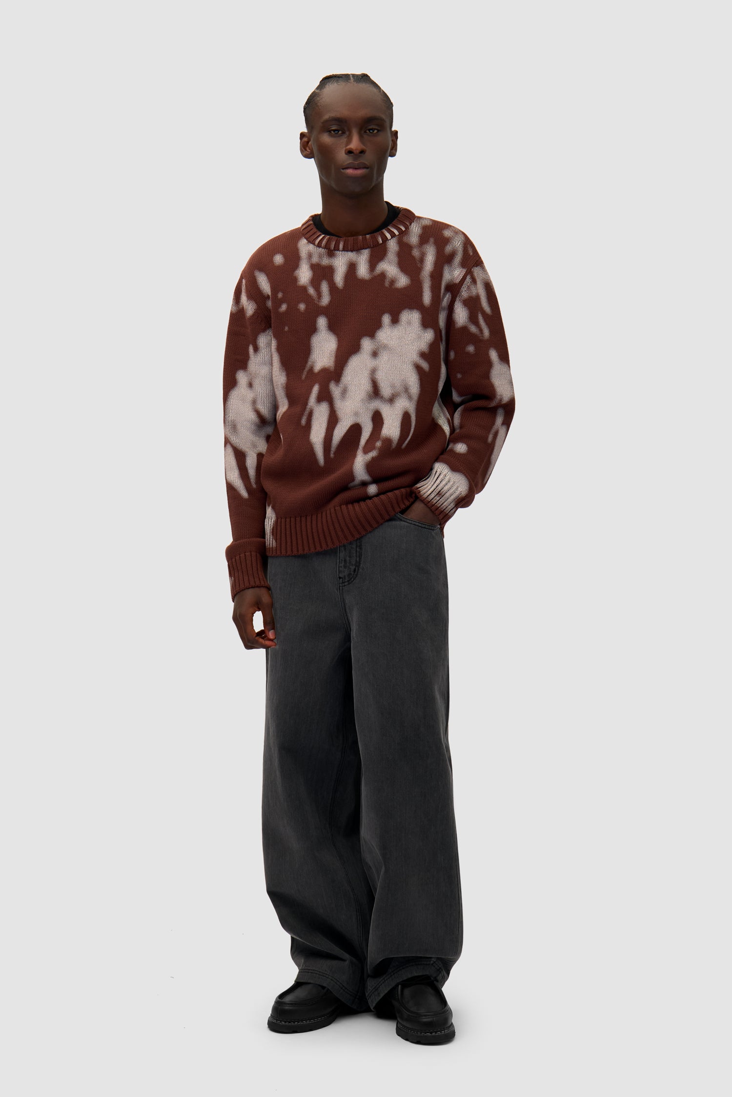 People Knit Sweater in Brown/Cream worn by a model, full-body front view