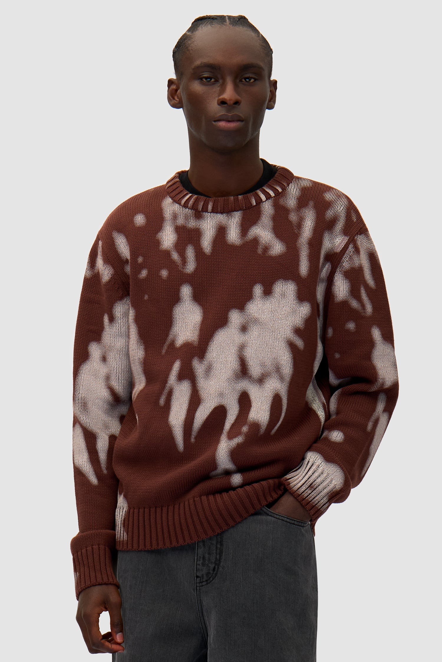 People Knit Sweater in Brown/Cream worn by a model, half-body front view