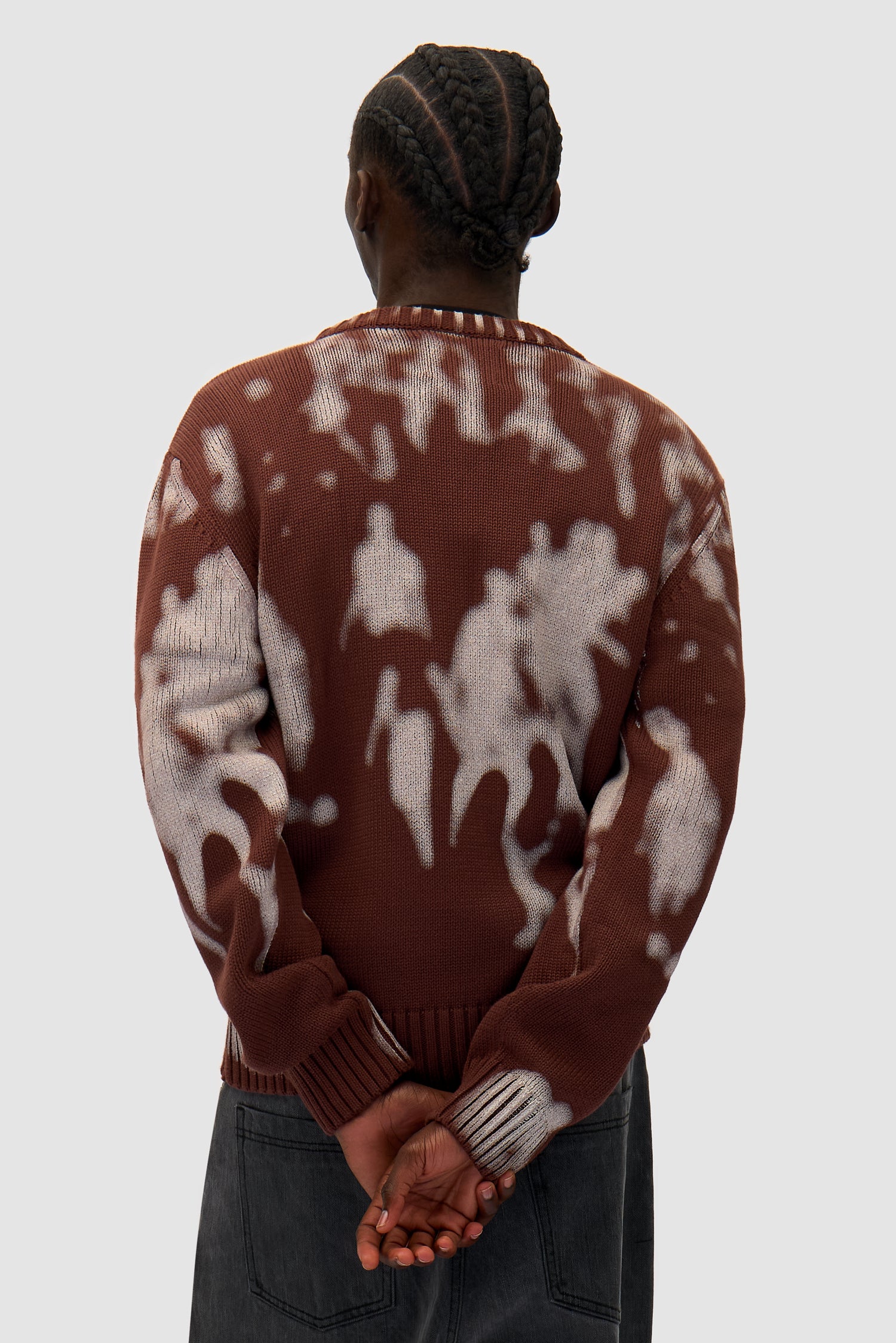 People Knit Sweater in Brown/Cream worn by a model, half-body back view