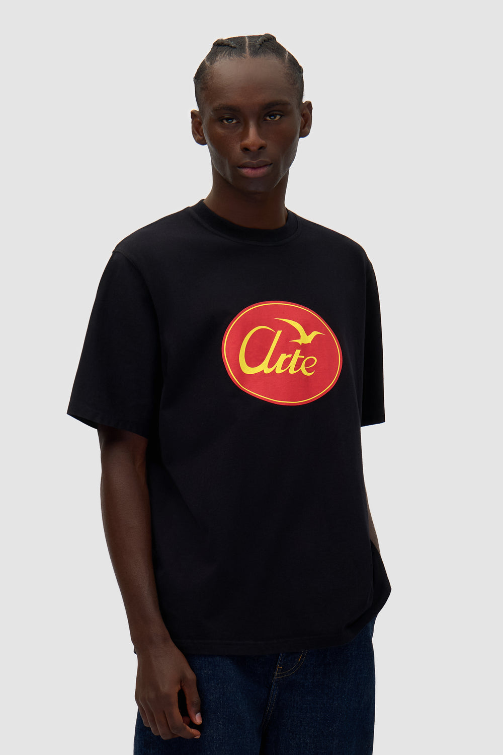 Big Bird Logo T-shirt in Black worn by a model, half-body front view