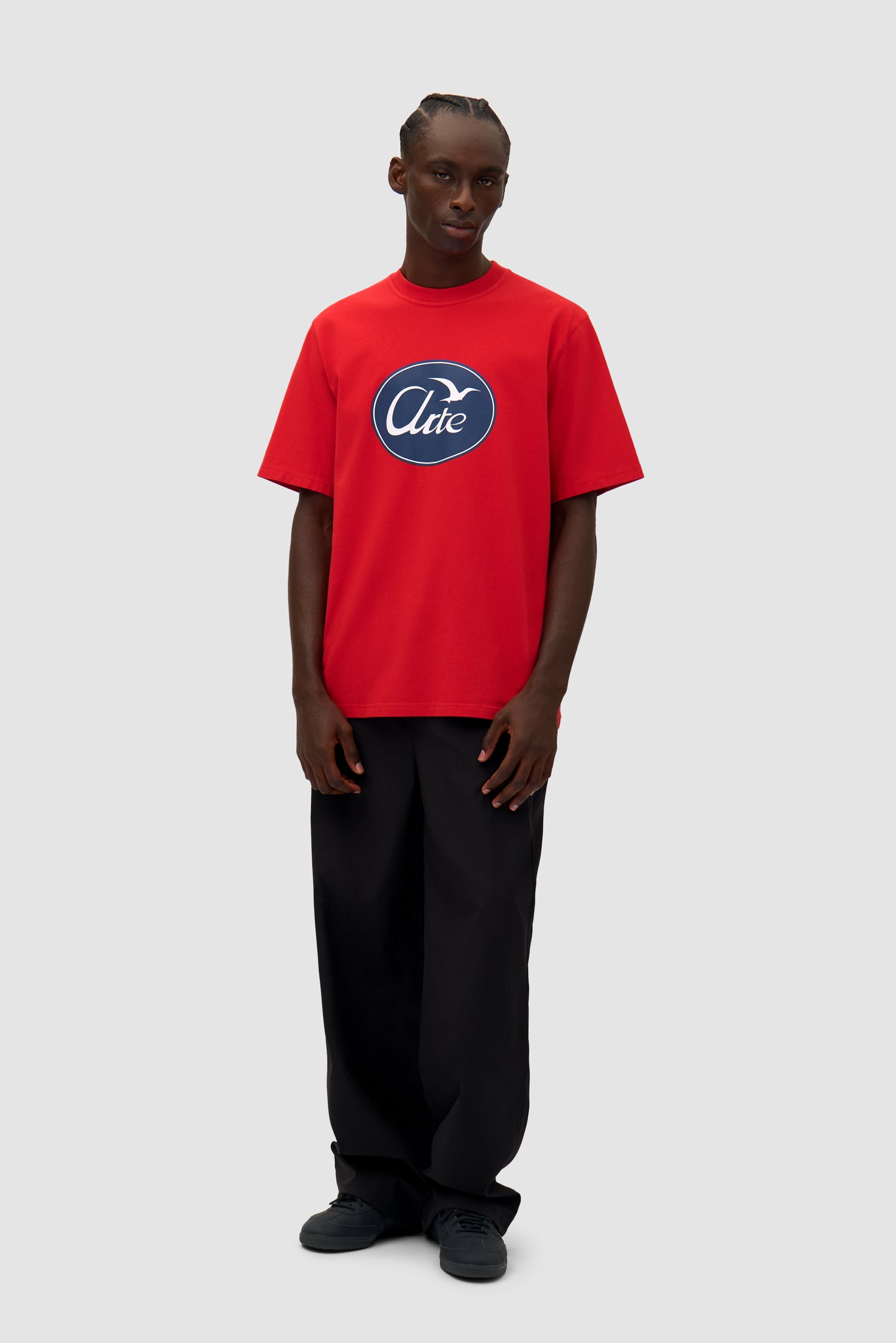 Big Bird Logo T-shirt in Red worn by a model, full-body front view