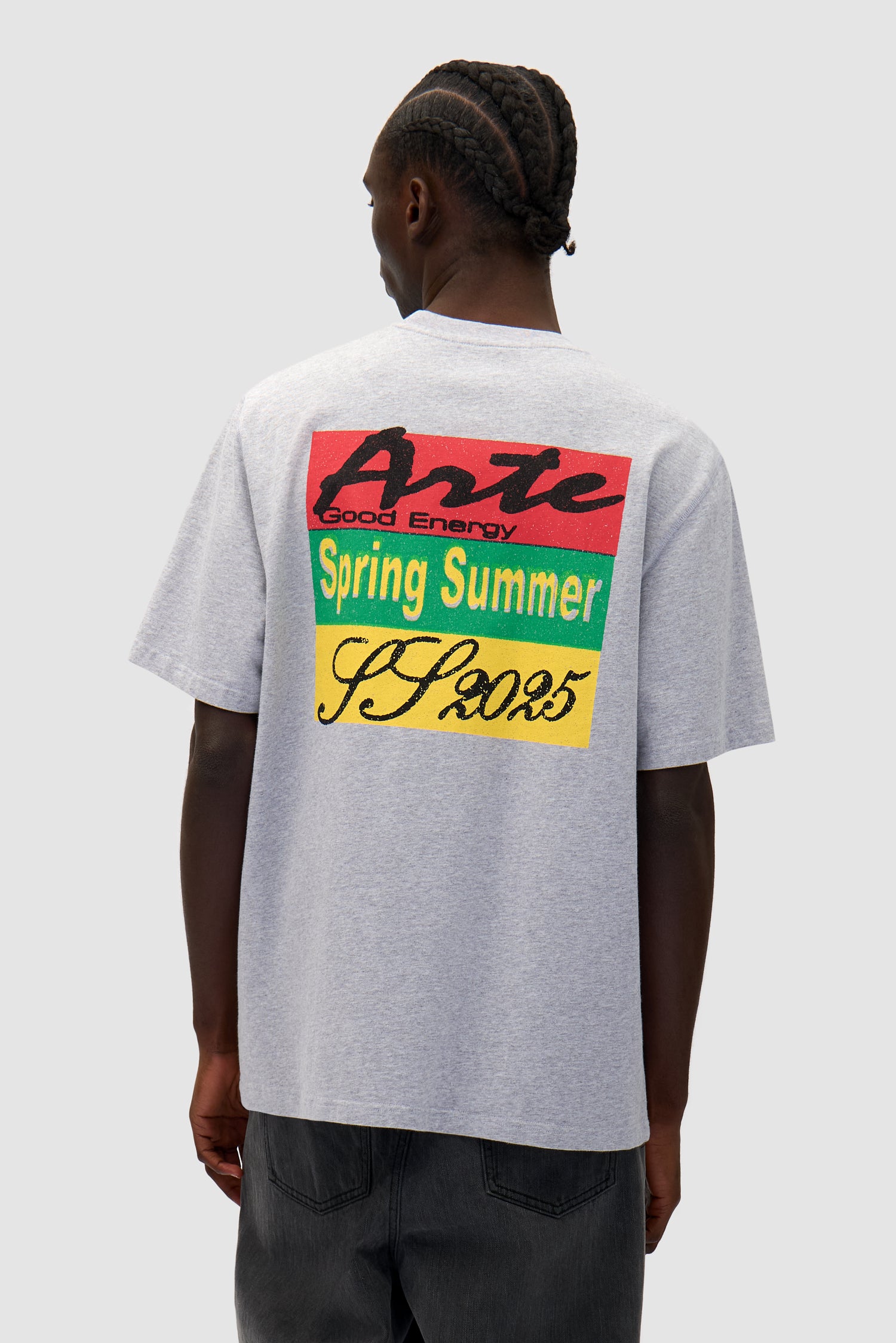 Multicolor Print T-shirt in Grey worn by a model, half-body back view