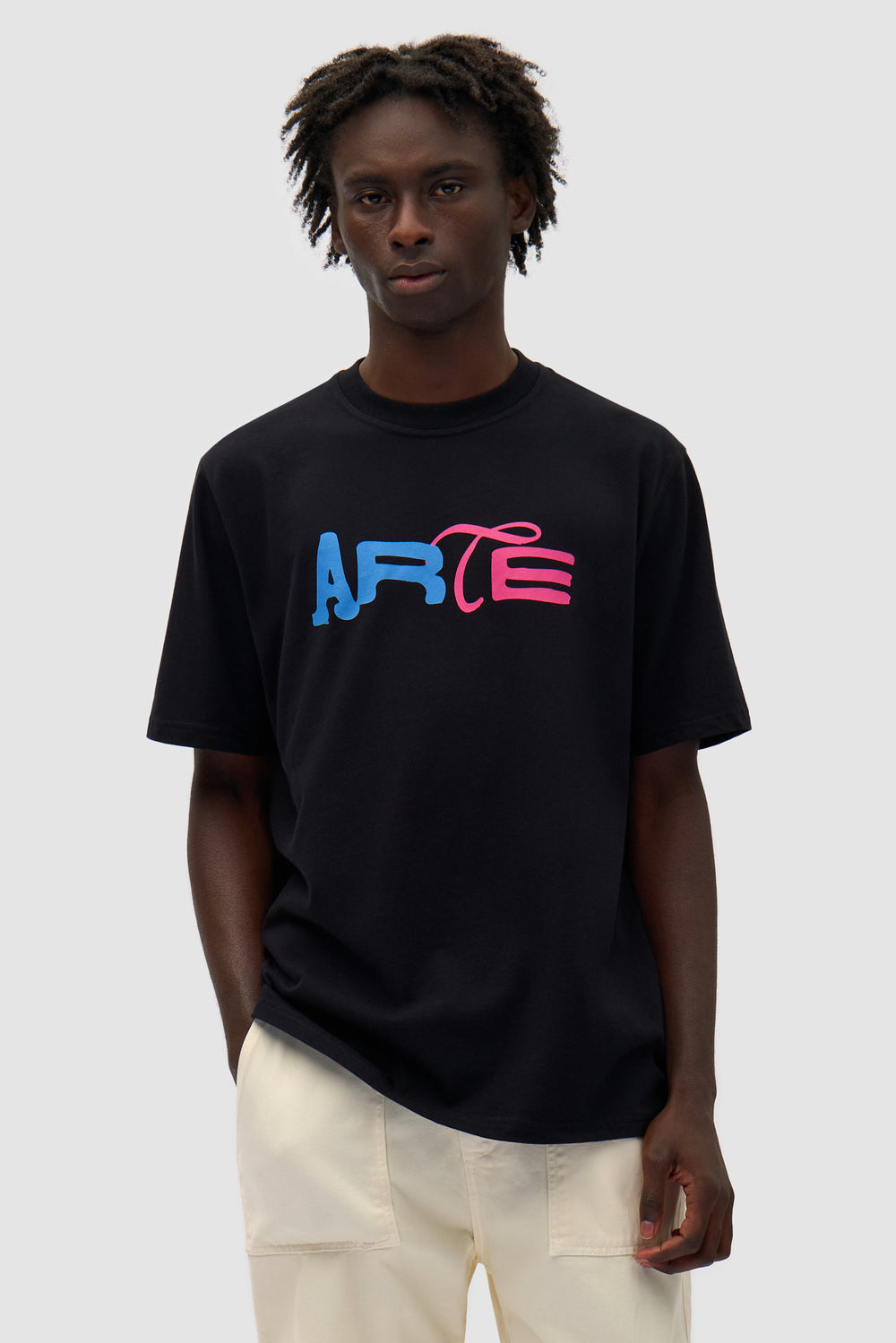 Duo Print Logo T-shirt in Black worn by a model, half-body front view