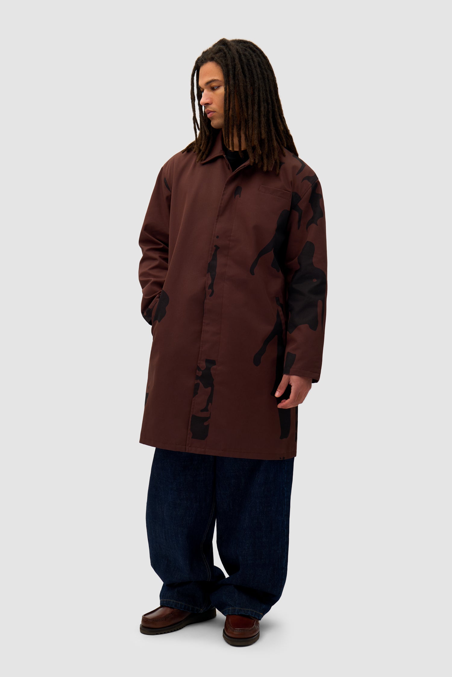 Printed People Brown Coat in Brown/Black worn by a model, full-body back view