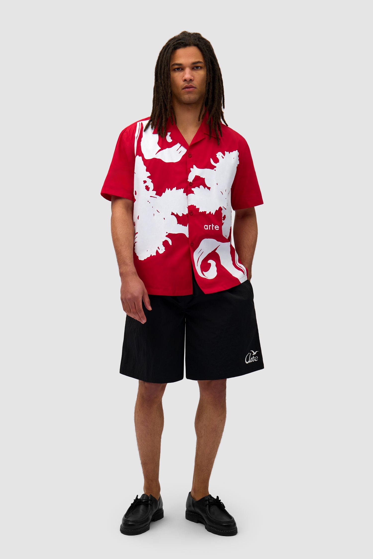 Big Flower Shirt in Red/White worn by a model, full-body front view