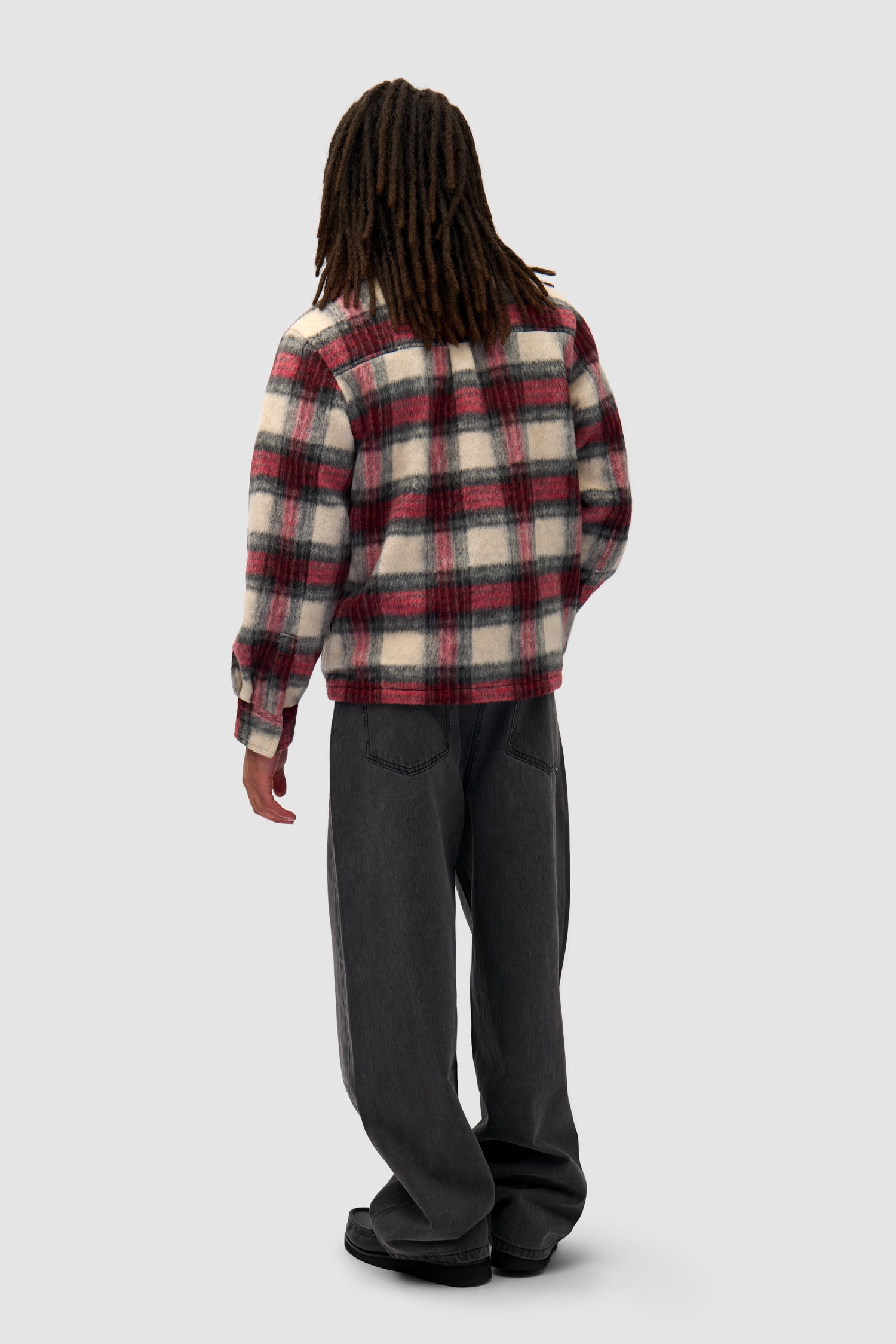 Plaid Zipper Shirt in Plaid worn by a model, full-body back view