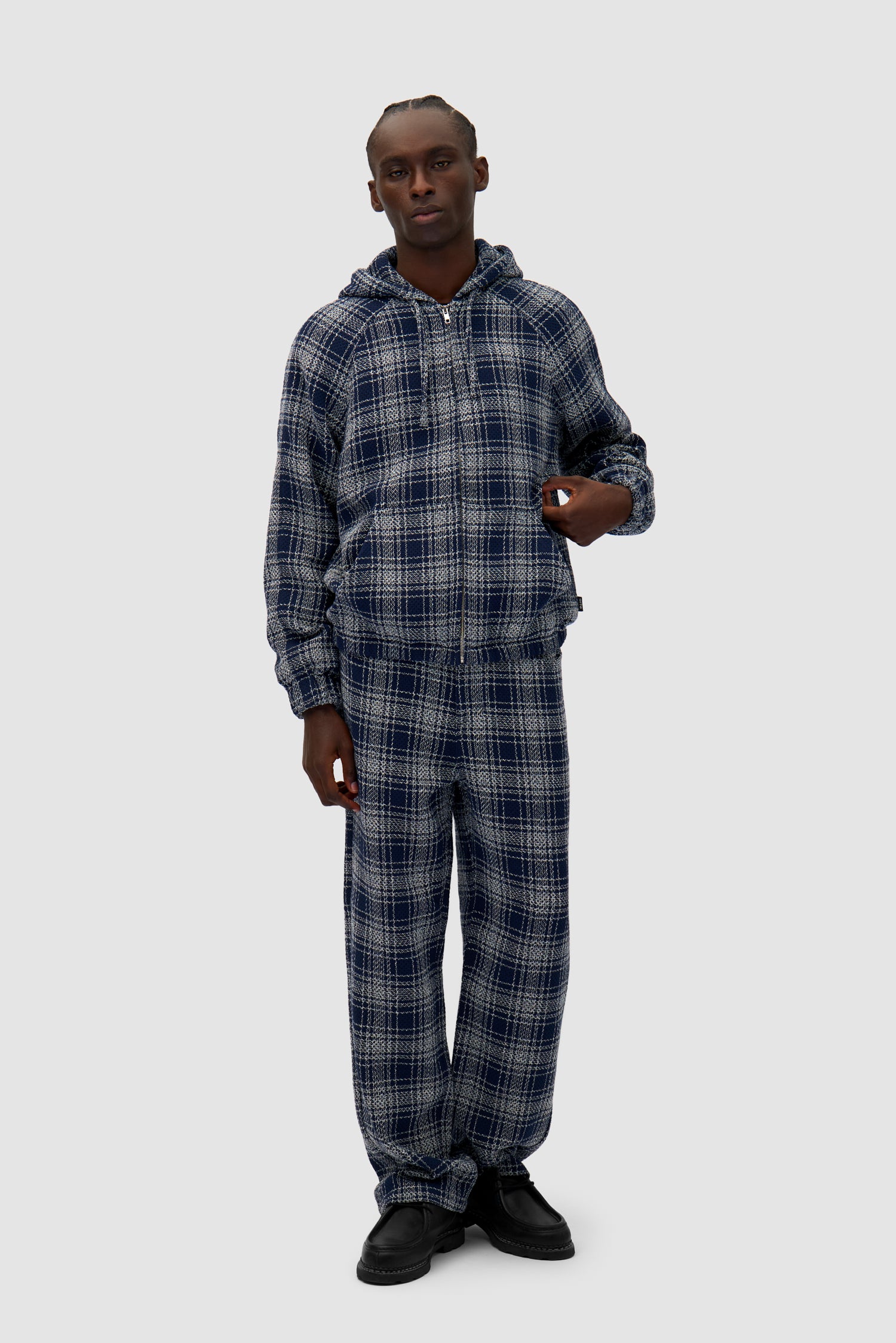 Plaid Navy Jacket in Plaid/Navy worn by a model, full-body front view