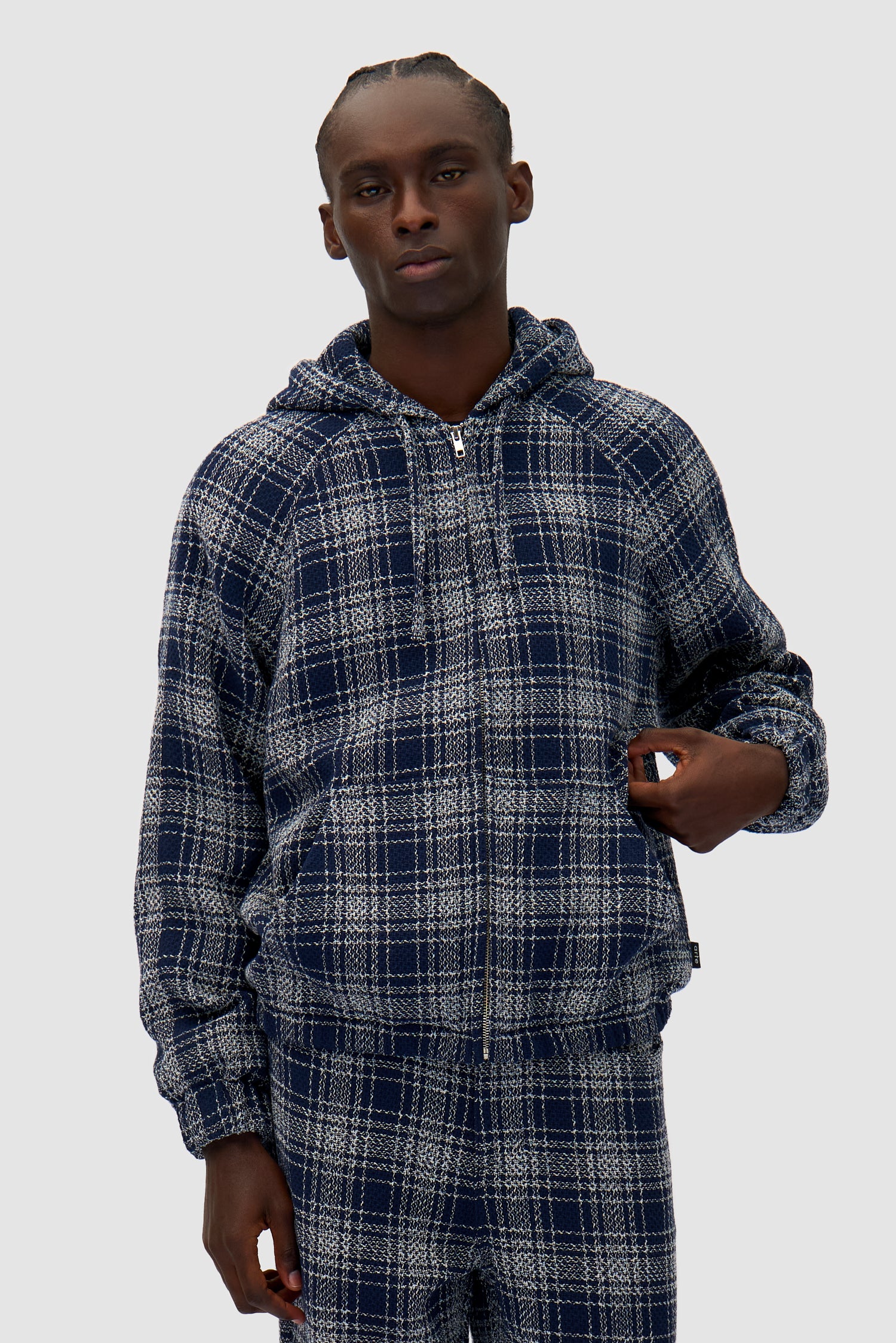 Plaid Navy Jacket in Plaid/Navy worn by a model, half-body front view