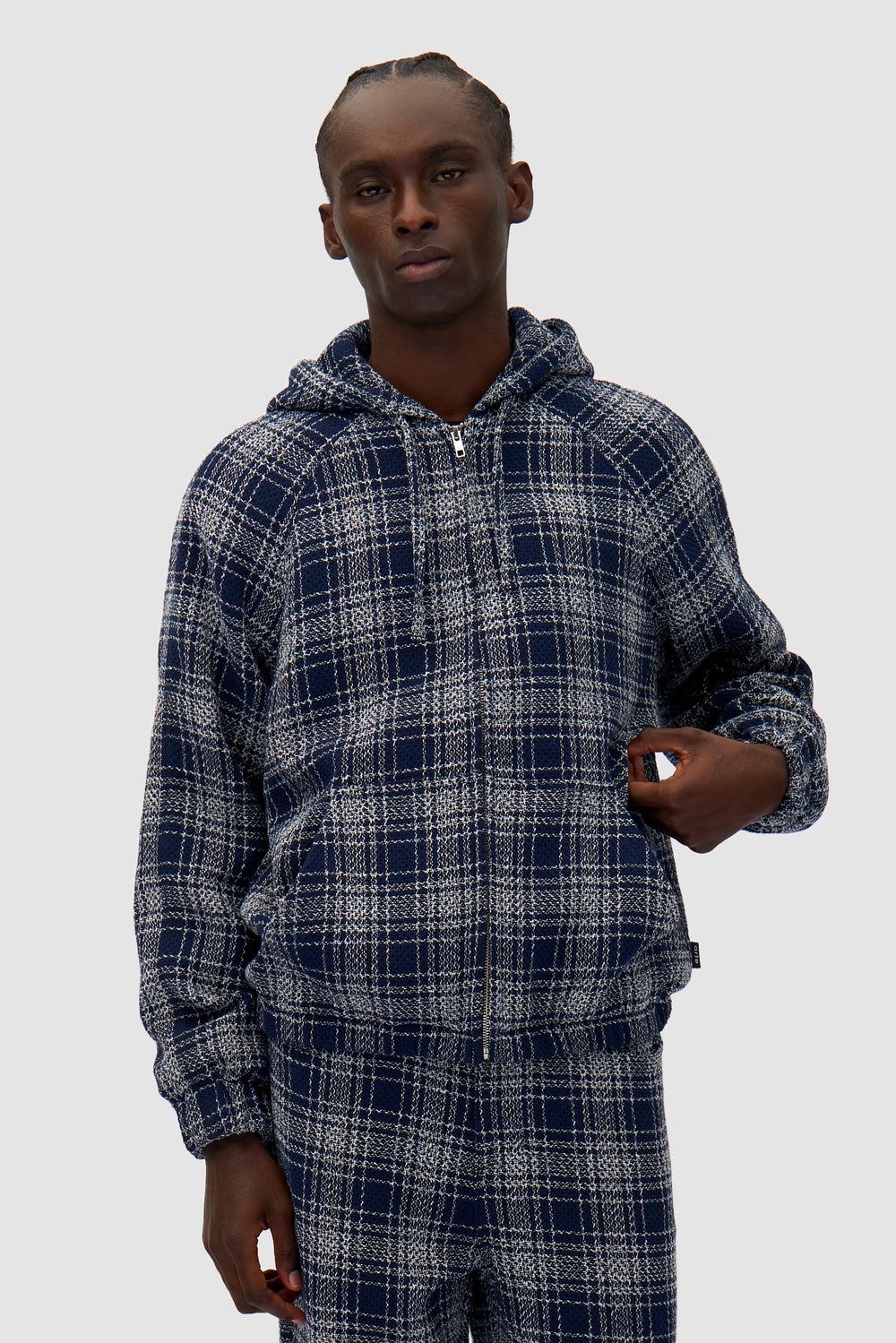 Plaid Navy Jacket in Plaid/Navy worn by a model, half-body front view
