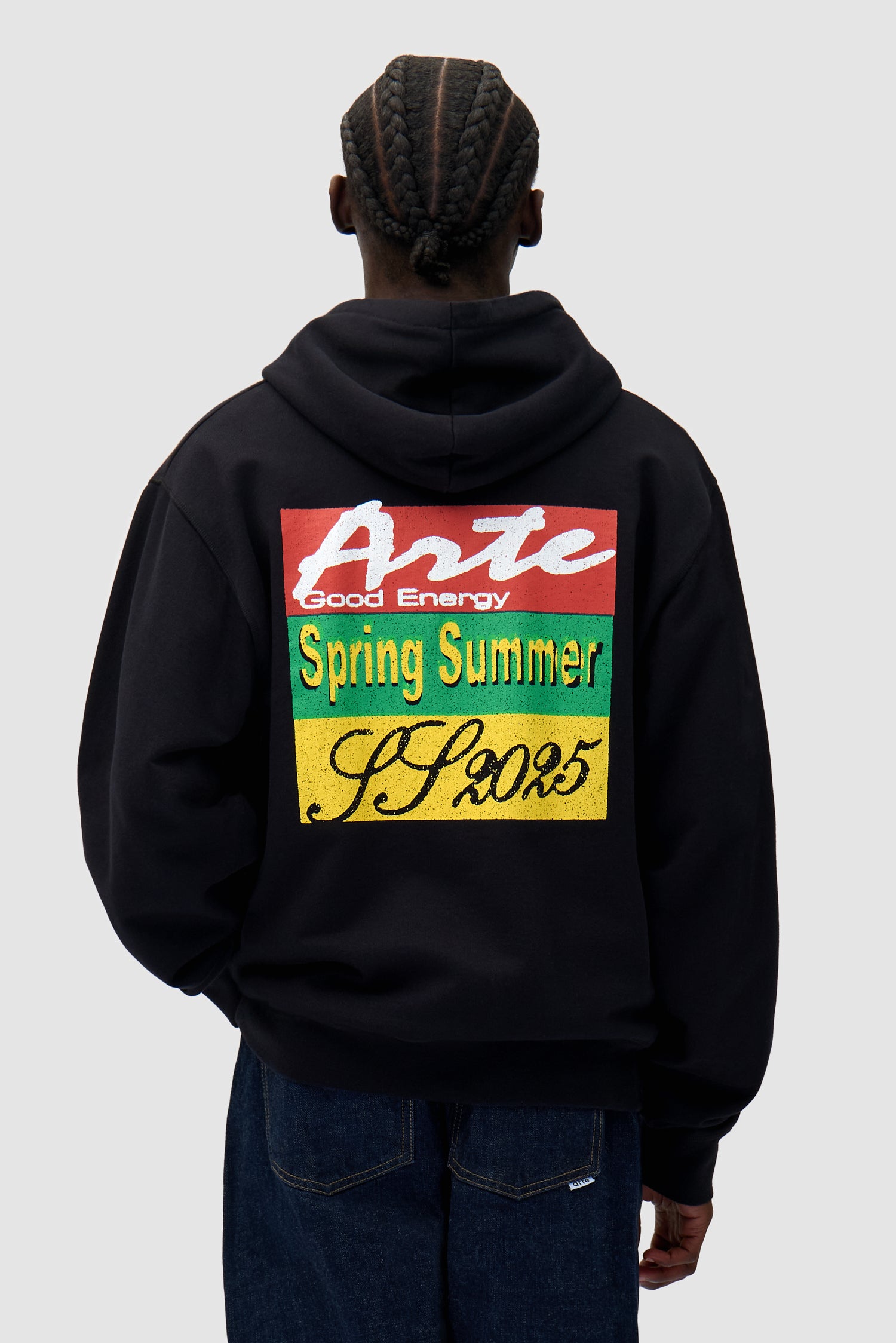 Energy Print Hoodie in Black worn by a model, half-body front view